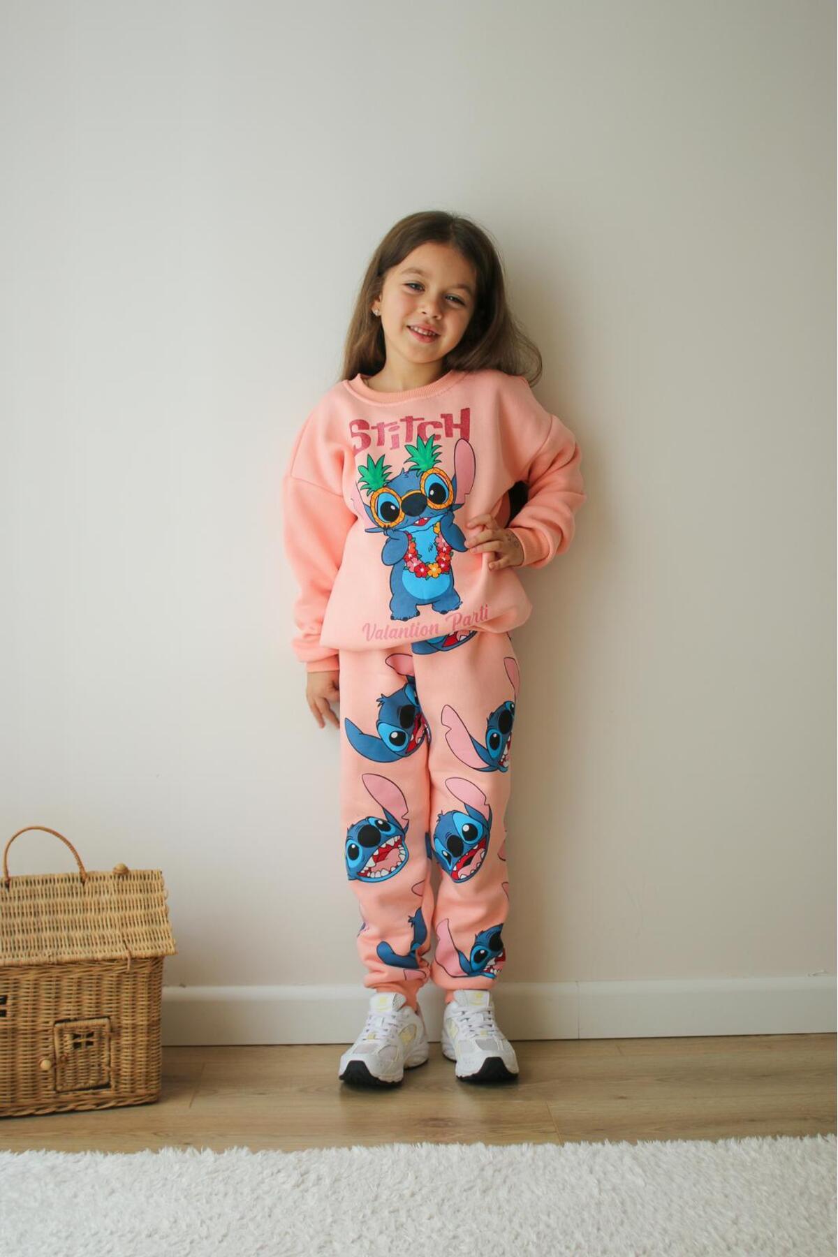 Kız Çocuk Stitch Baskılı Pembe Eşofman Takımı Alt Üst Takım