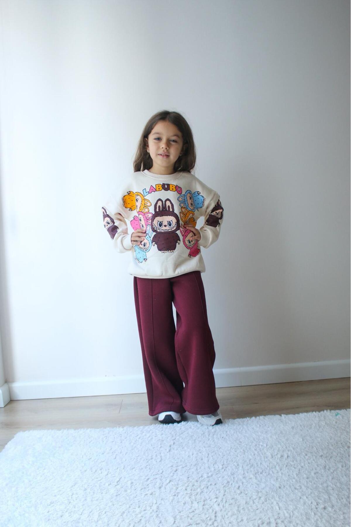 Kız Çocuk Krem Labubu Baskılı Eşofman Takımı Alt Üst Takımı