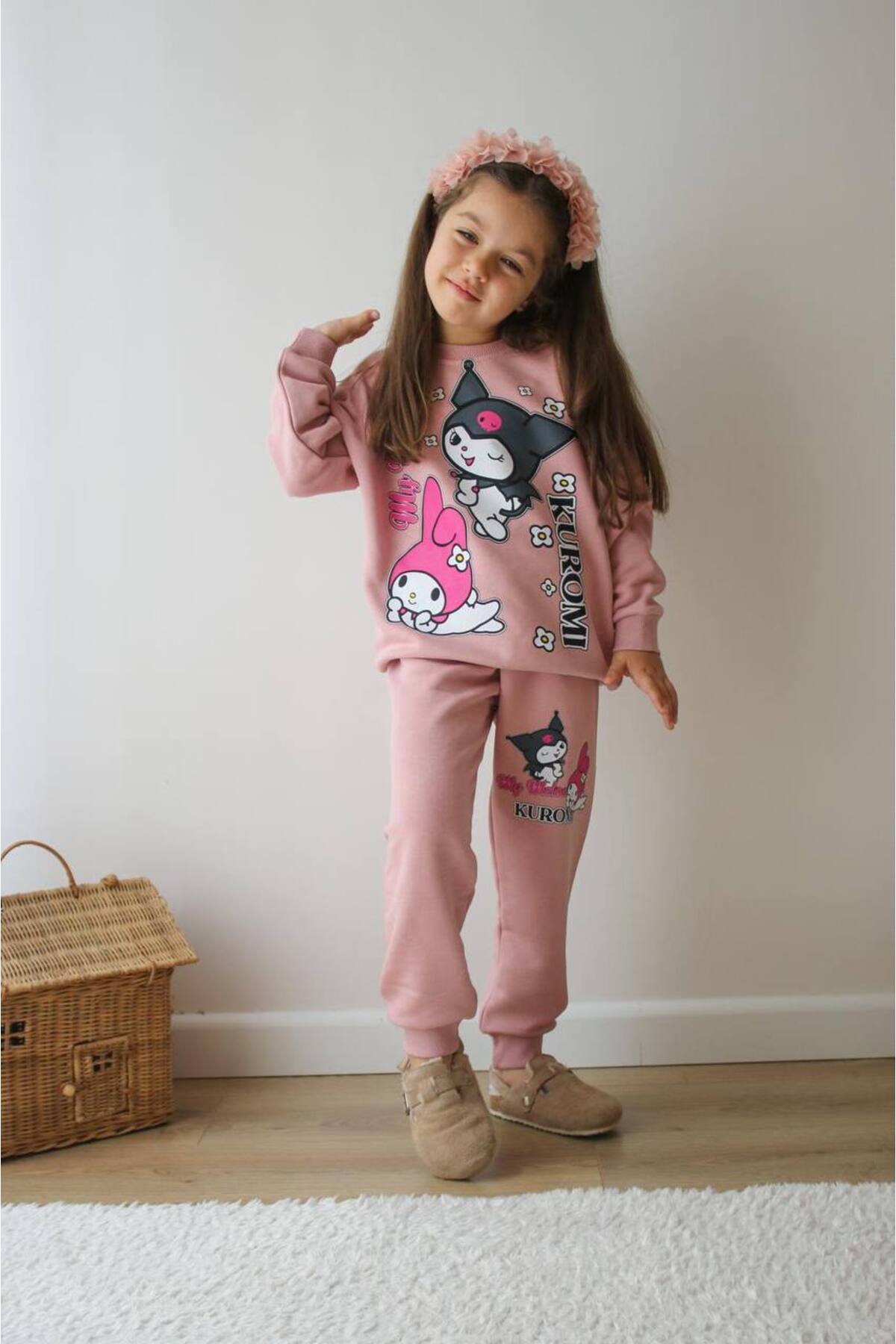 Kız Çocuk Pembe Kuromi Desenli Eşofman Takımı Alt Üst Takım