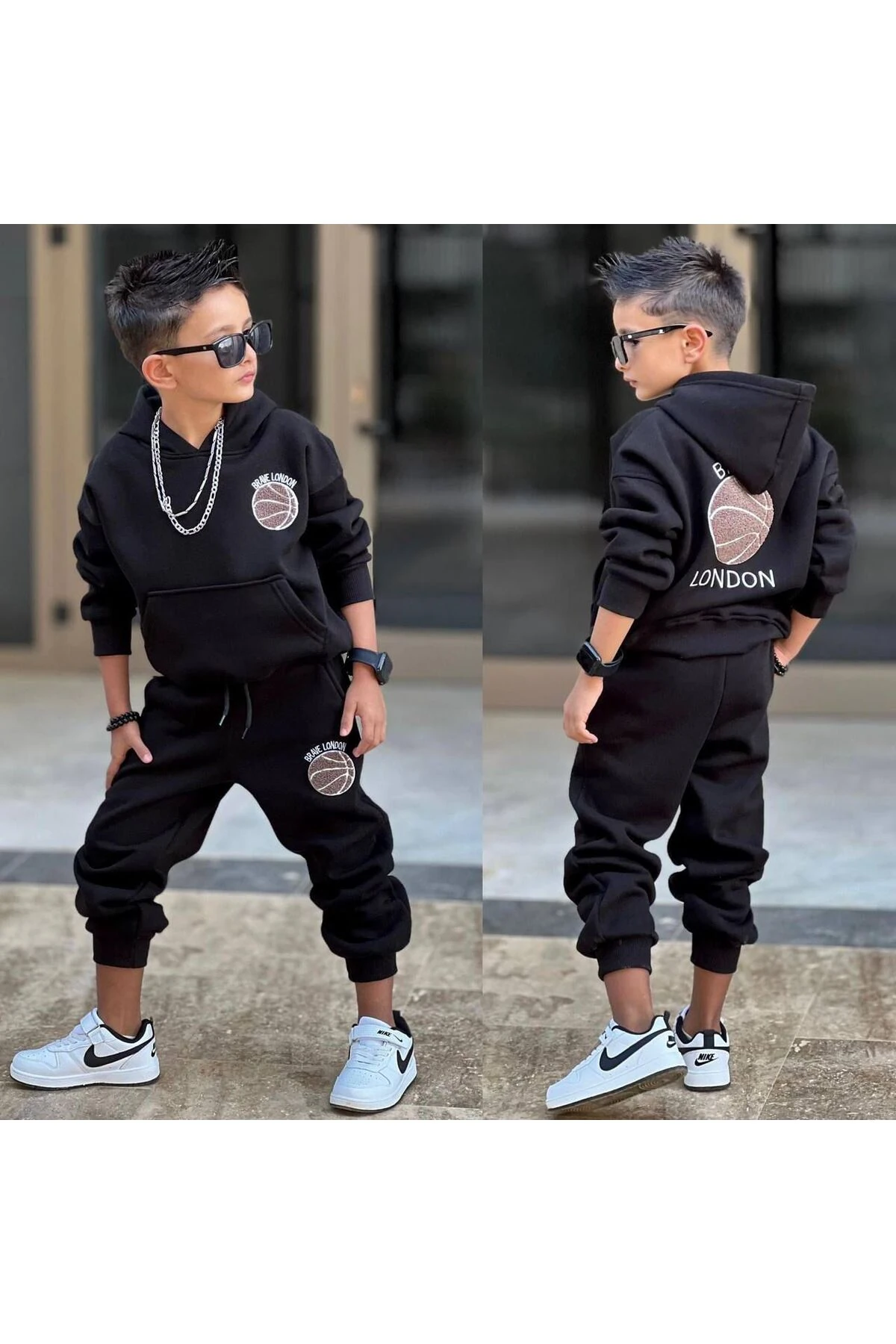 Erkek Çocuk Siyah Kapüşonlu Basketbol Desenli Eşofman Takımı Alt Üst Takım