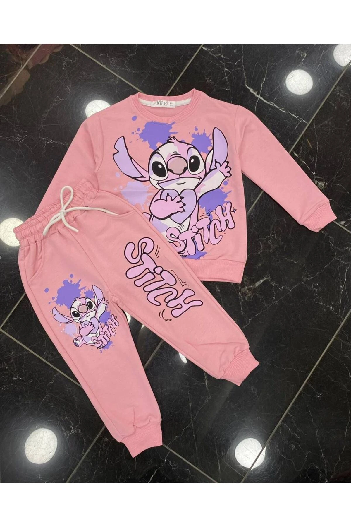 Kız Çocuk Pembe Stitch Desenli Eşofman Takımı Alt Üst Takım