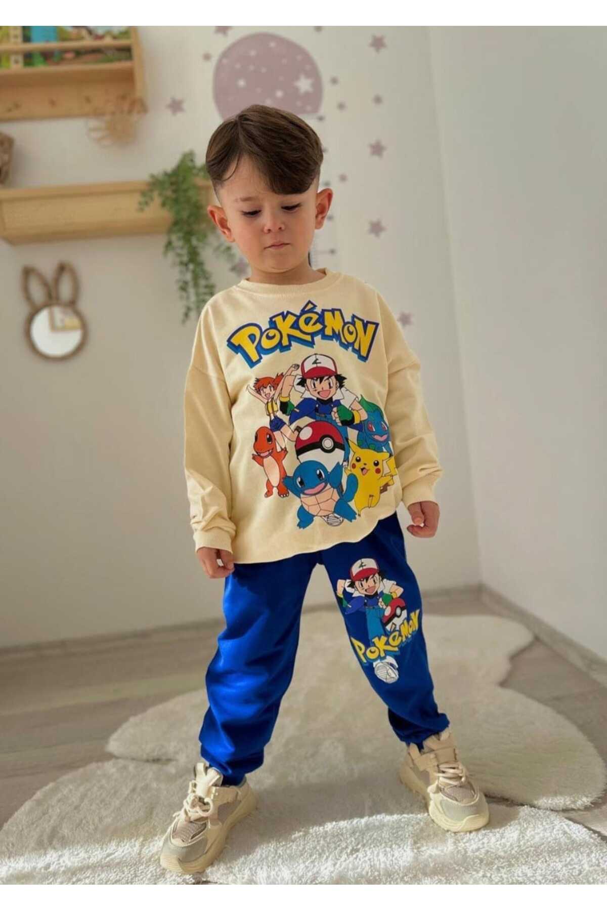 Erkek Çocuk Pokemon Baskılı SweatTshirt Ve Eşofman Alt Üst TAKIM