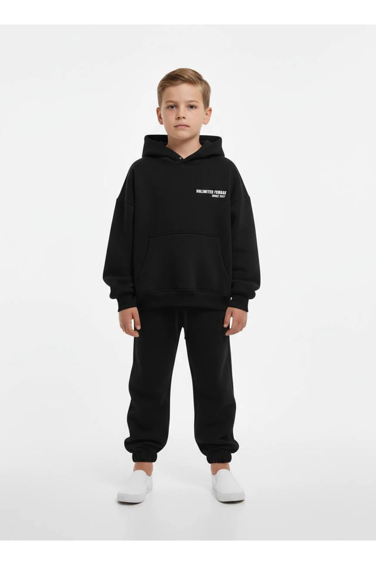 Unisex Çocuk Siyah Oversize Kapüşonlu Eşofman Takımı Alt Üst Takım