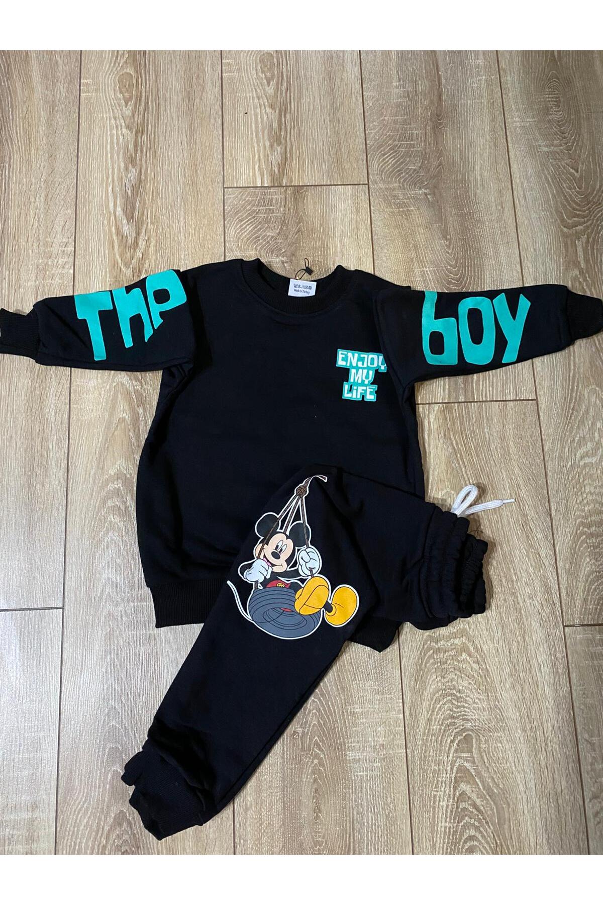 Mickey Mouse Desenli Siyah Erkek Çocuk Eşofman Takımı Alt Üst Takım