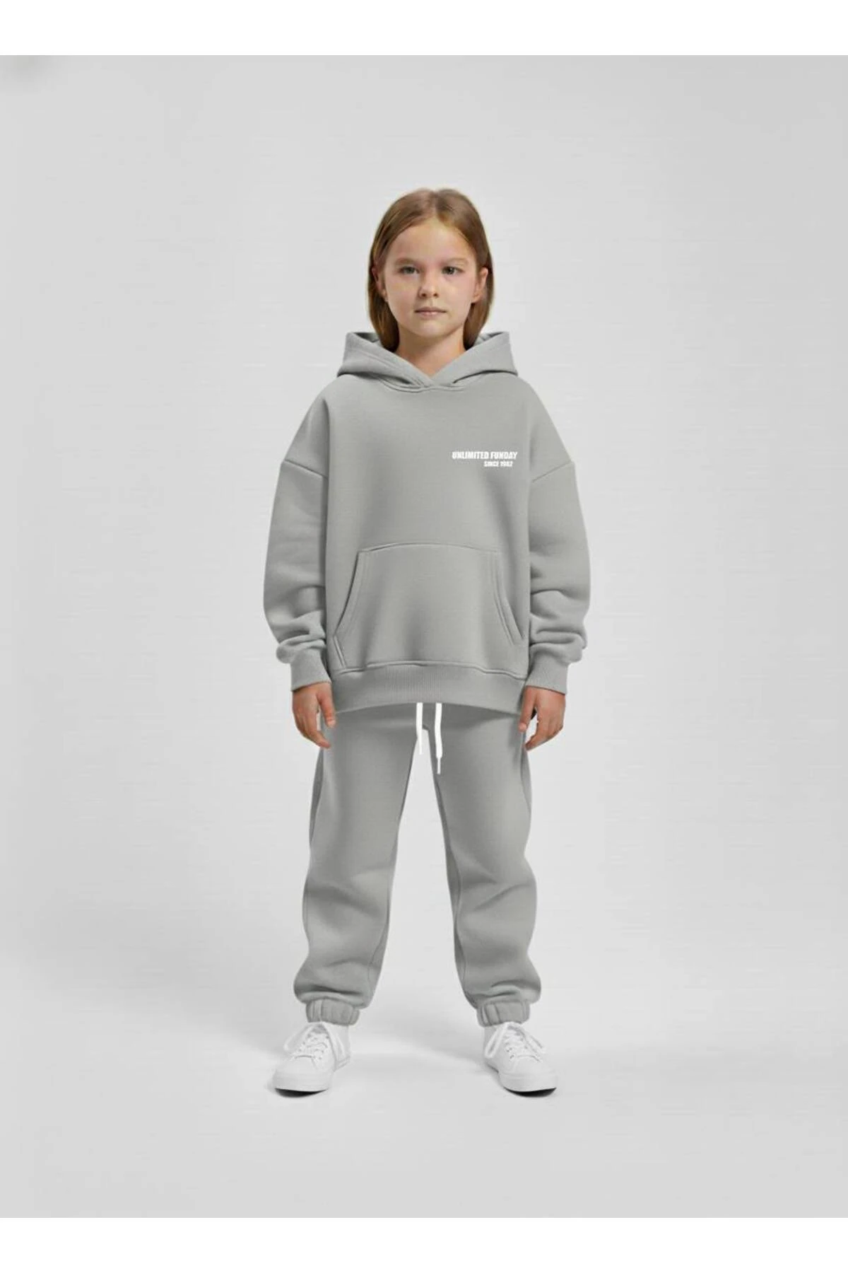 Unisex Çocuk Gri Oversize Kapüşonlu Eşofman Takımı Alt Üst Takım