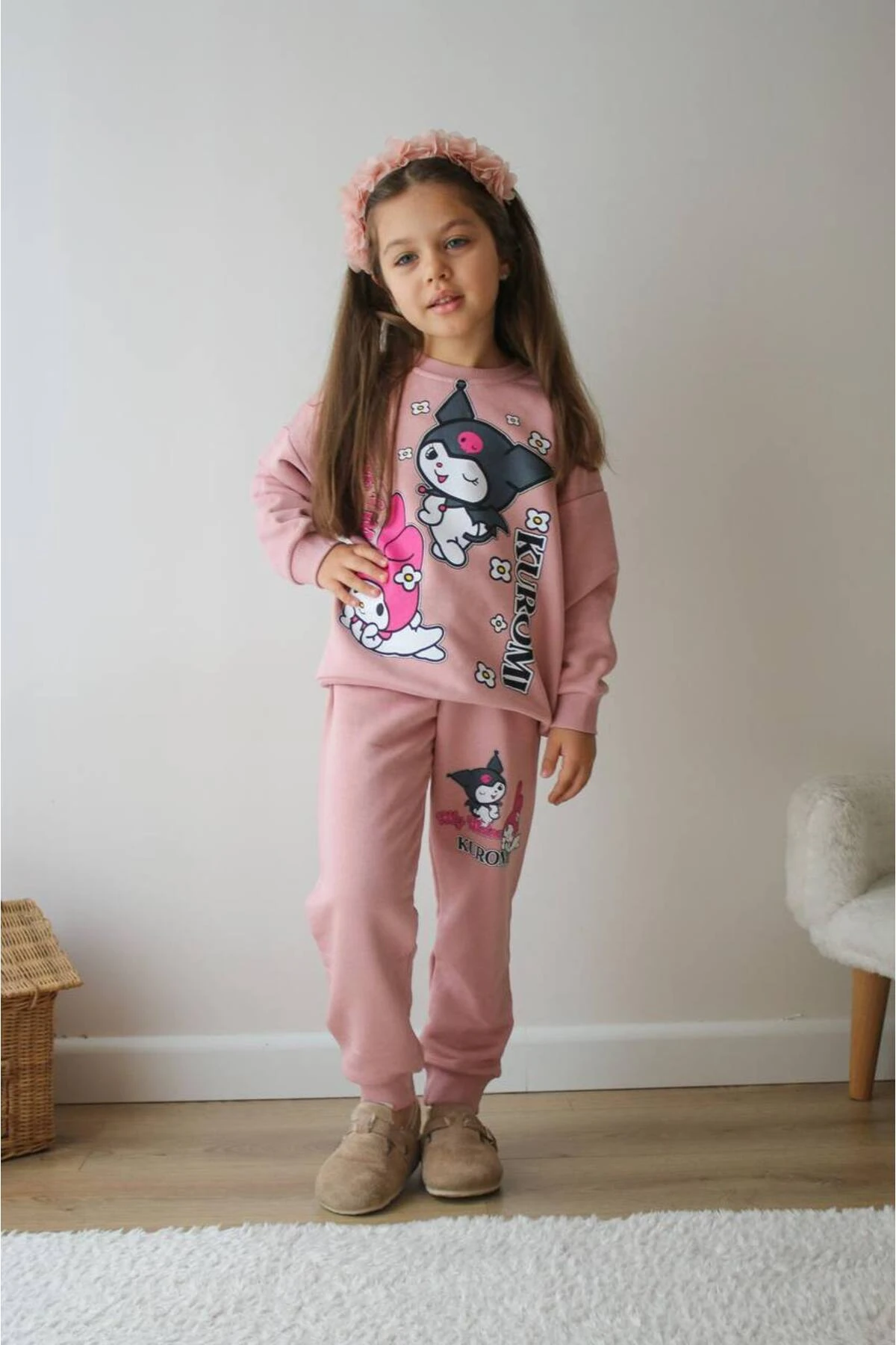 Kız Çocuk Pembe Kuromi Desenli Eşofman Takımı Alt Üst Takım