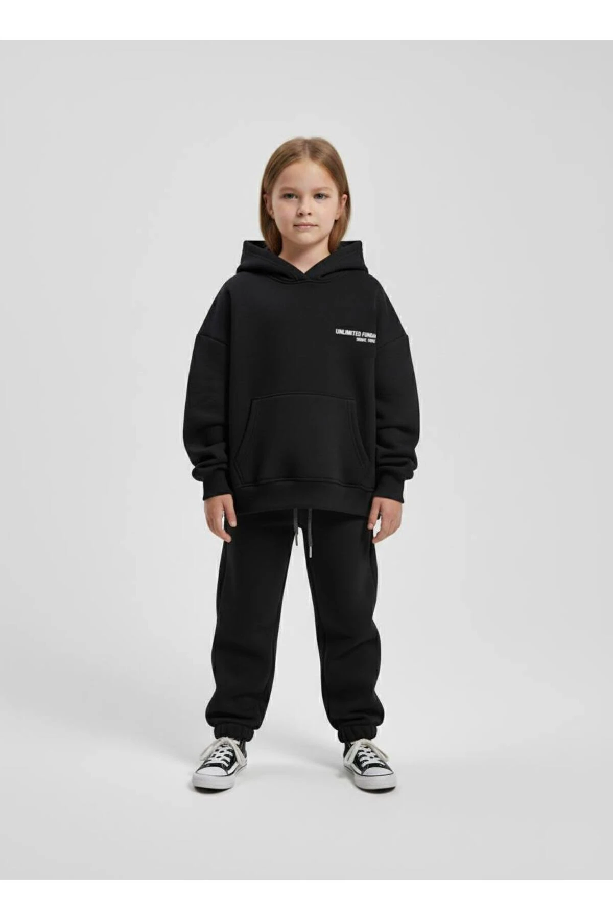 Unisex Çocuk Siyah Oversize Kapüşonlu Eşofman Takımı Alt Üst Takım