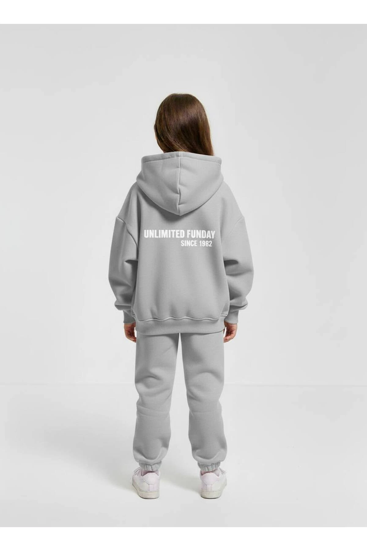 Unisex Çocuk Gri Oversize Kapüşonlu Eşofman Takımı Alt Üst Takım