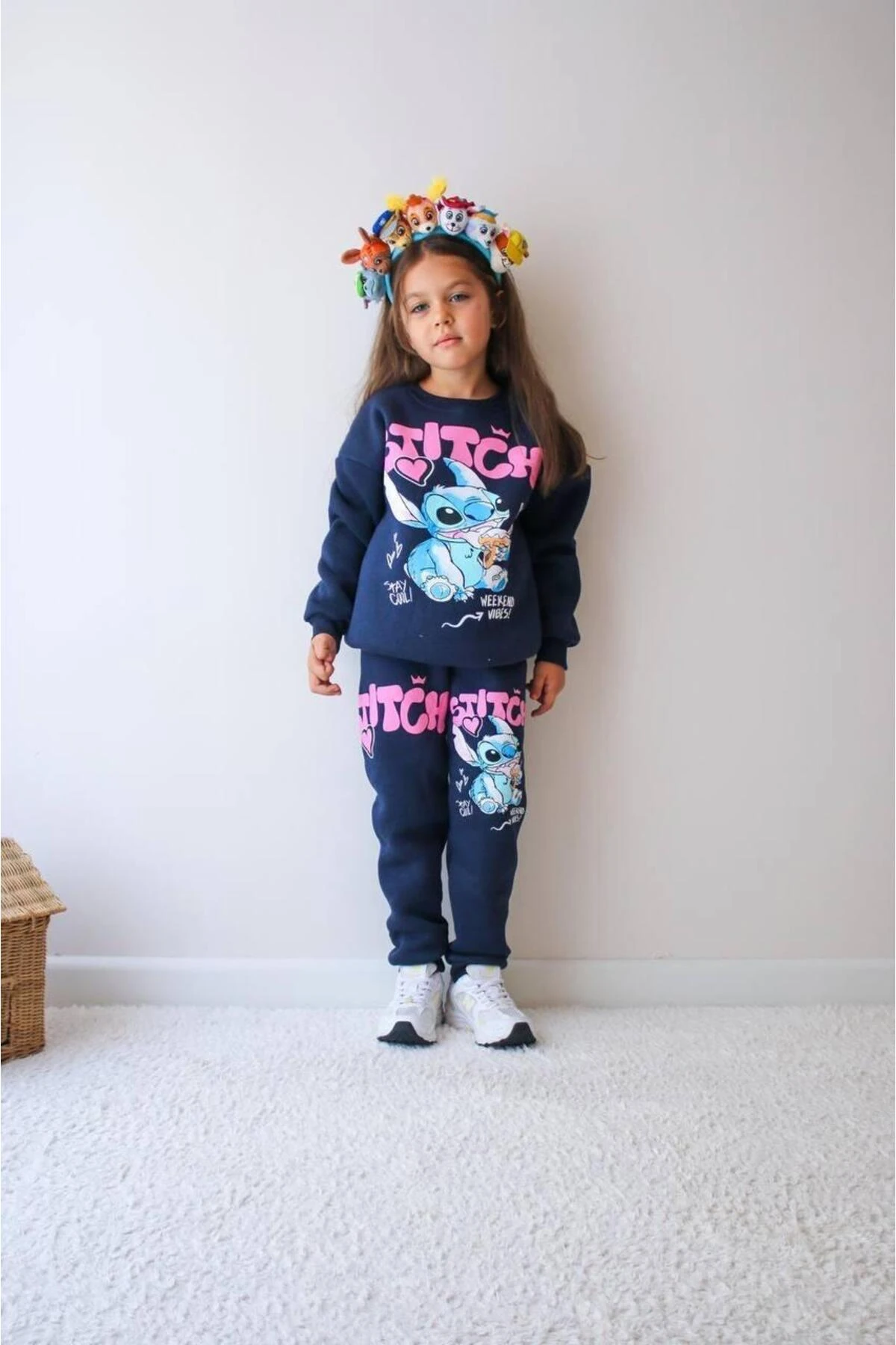 Kız Çocuk Mavi Stitch Desenli Eşofman Takımı Alt Üst Takım