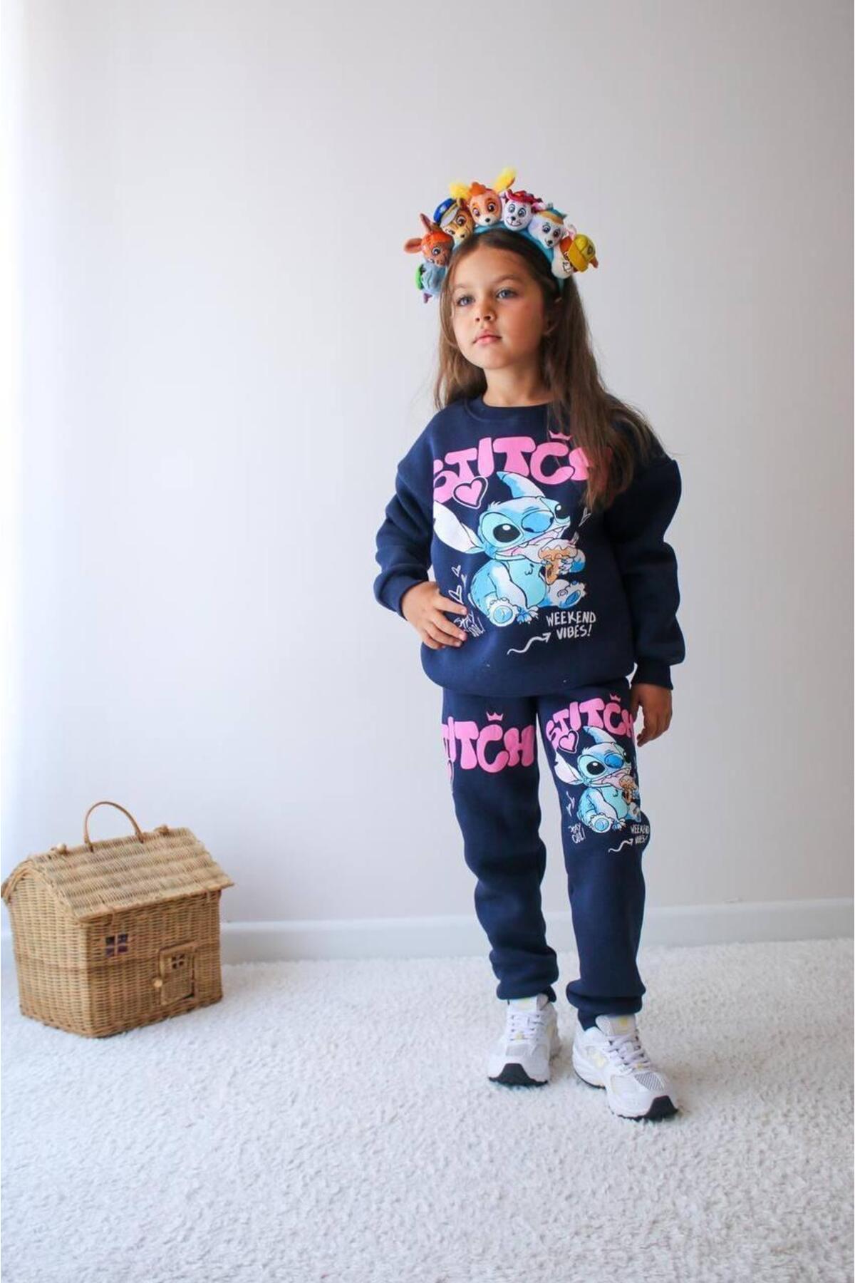 Kız Çocuk Mavi Stitch Desenli Eşofman Takımı Alt Üst Takım