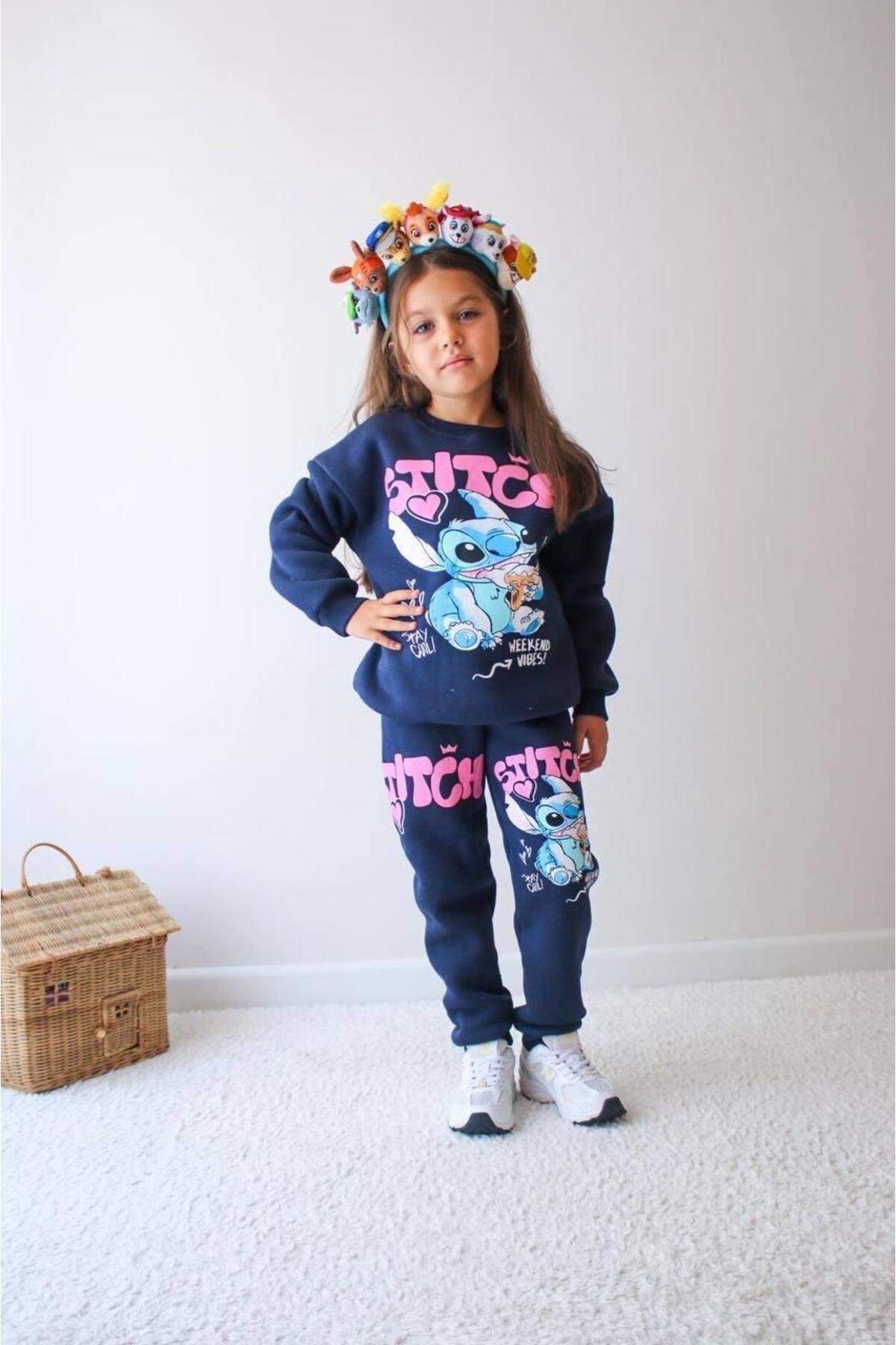 Kız Çocuk Mavi Stitch Desenli Eşofman Takımı Alt Üst Takım