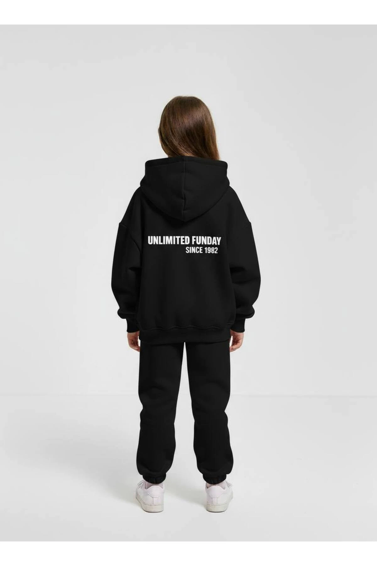 Unisex Çocuk Siyah Oversize Kapüşonlu Eşofman Takımı Alt Üst Takım