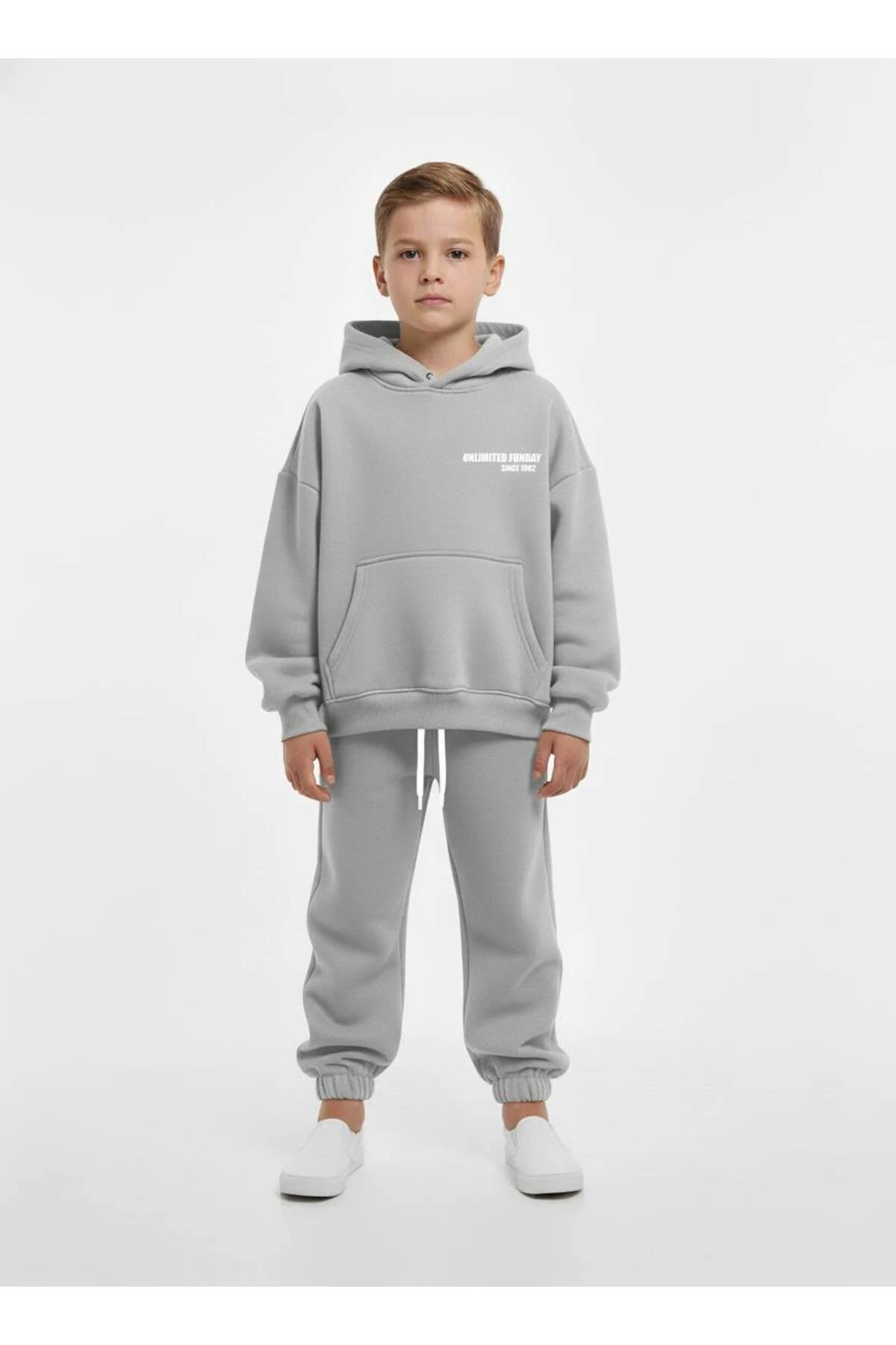 Unisex Çocuk Gri Oversize Kapüşonlu Eşofman Takımı Alt Üst Takım