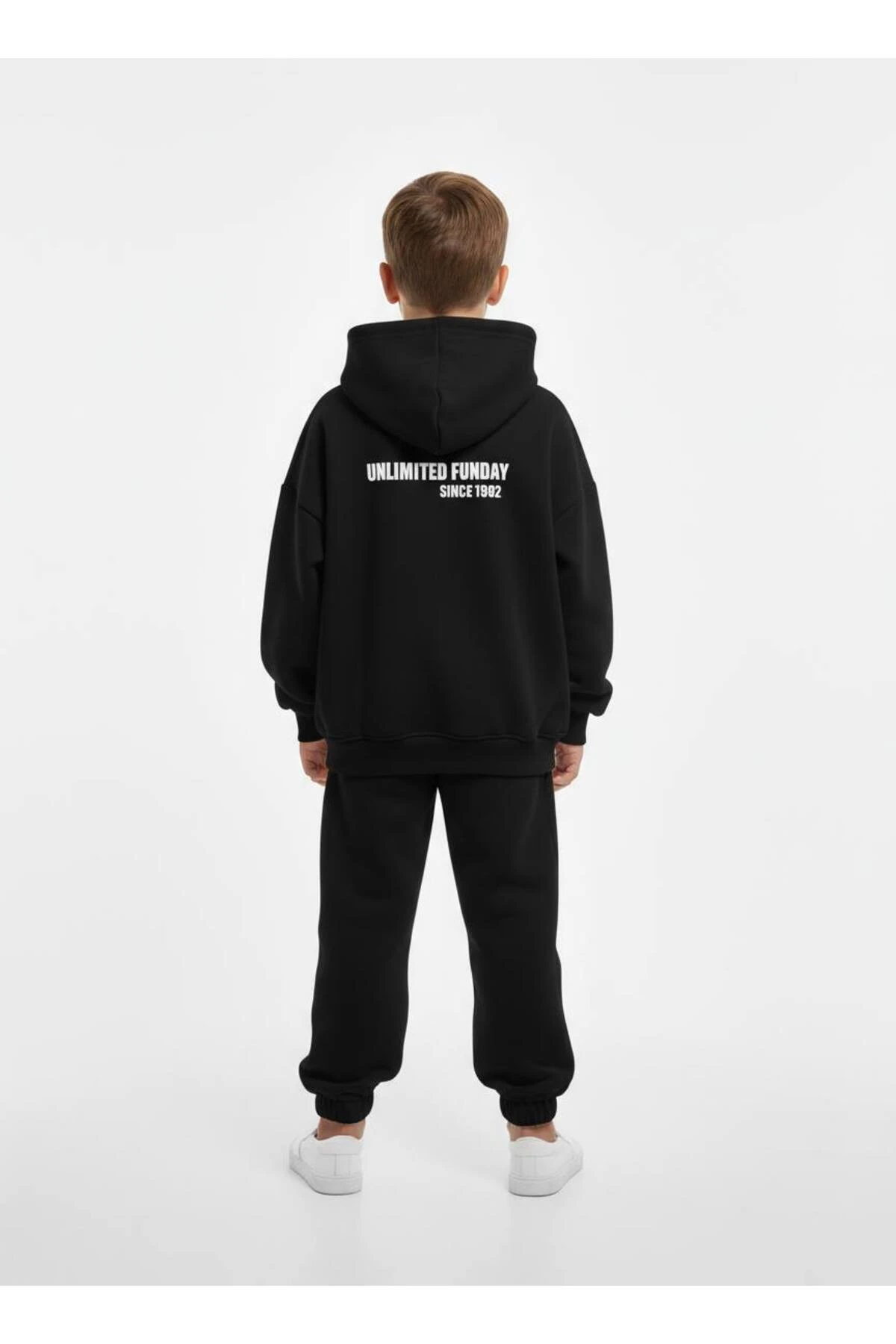 Unisex Çocuk Siyah Oversize Kapüşonlu Eşofman Takımı Alt Üst Takım