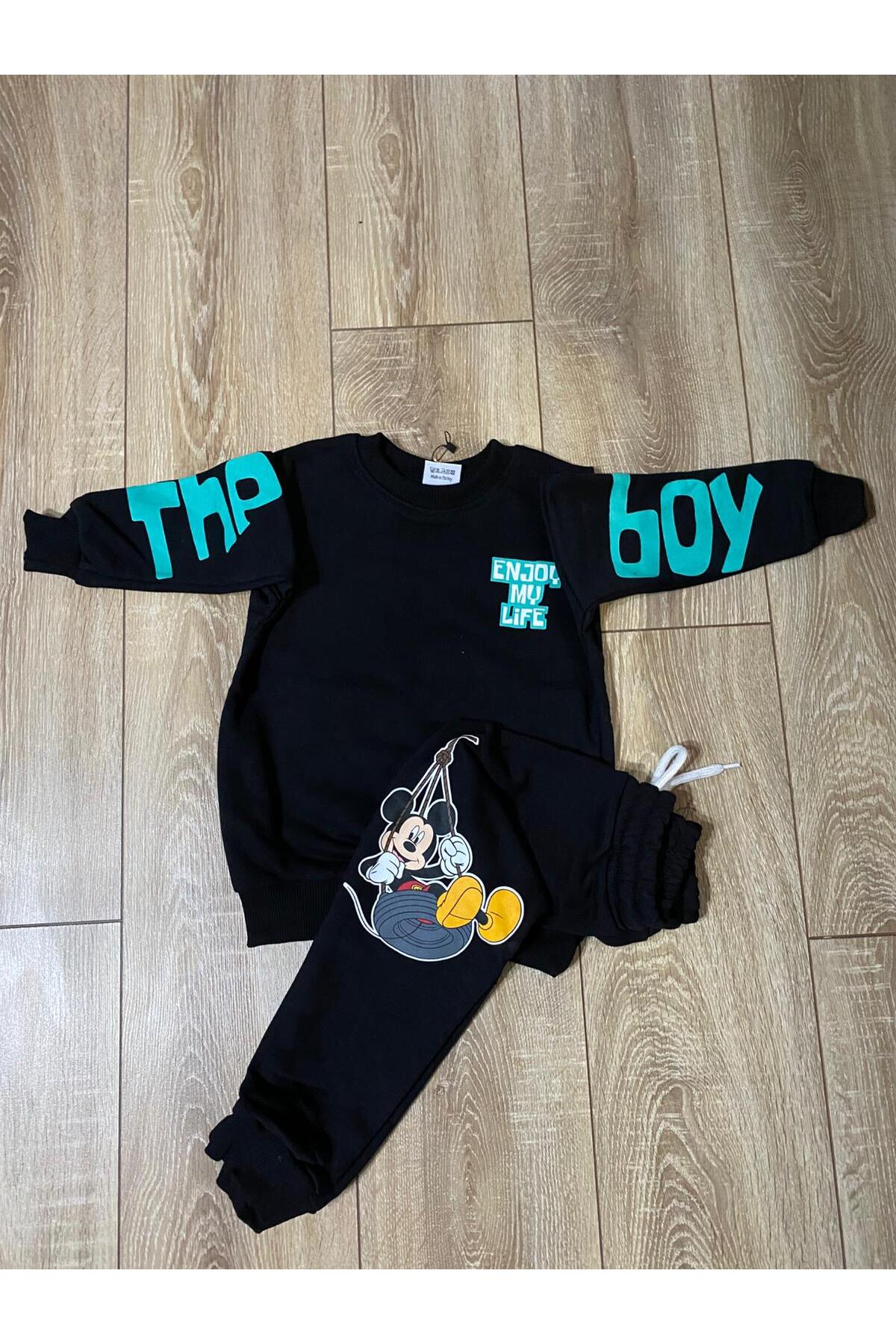 Mickey Mouse Desenli Siyah Erkek Çocuk Eşofman Takımı Alt Üst Takım