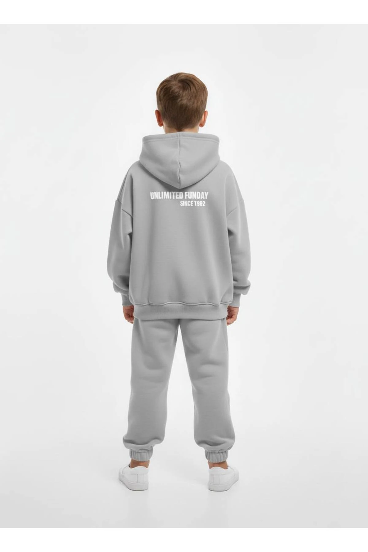 Unisex Çocuk Gri Oversize Kapüşonlu Eşofman Takımı Alt Üst Takım