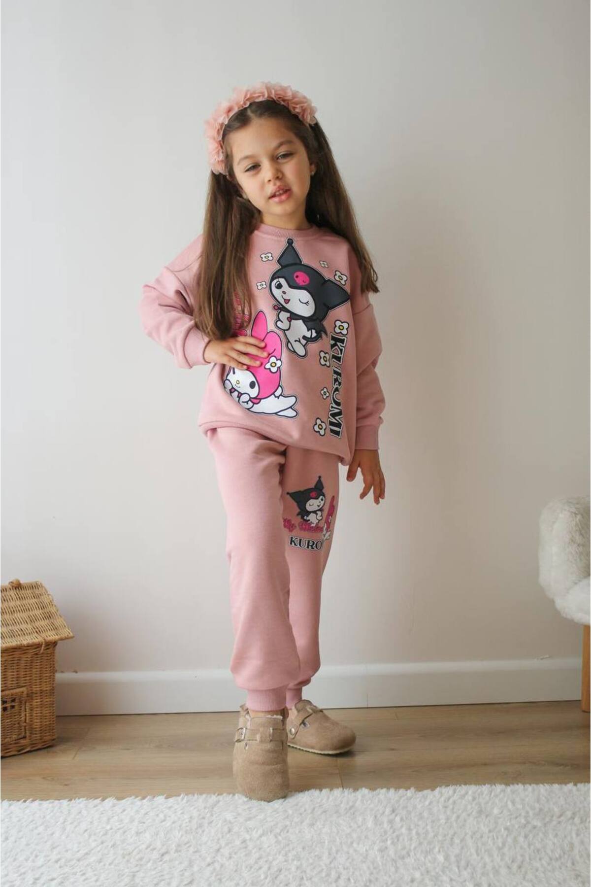 Kız Çocuk Pembe Kuromi Desenli Eşofman Takımı Alt Üst Takım