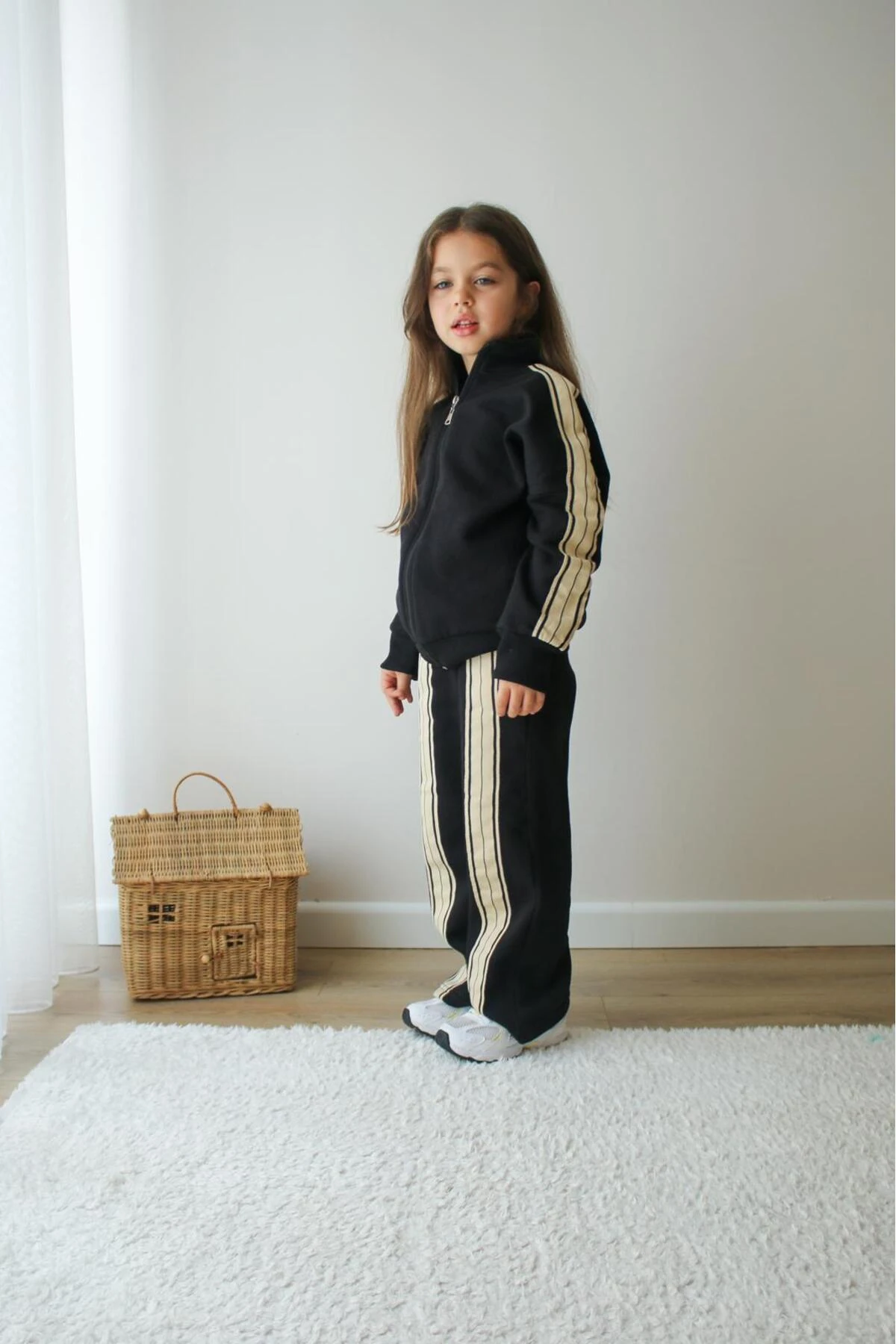 Kız Çocuk Çizgili Siyah Spor Eşofman Takımı Alt Üst Takım