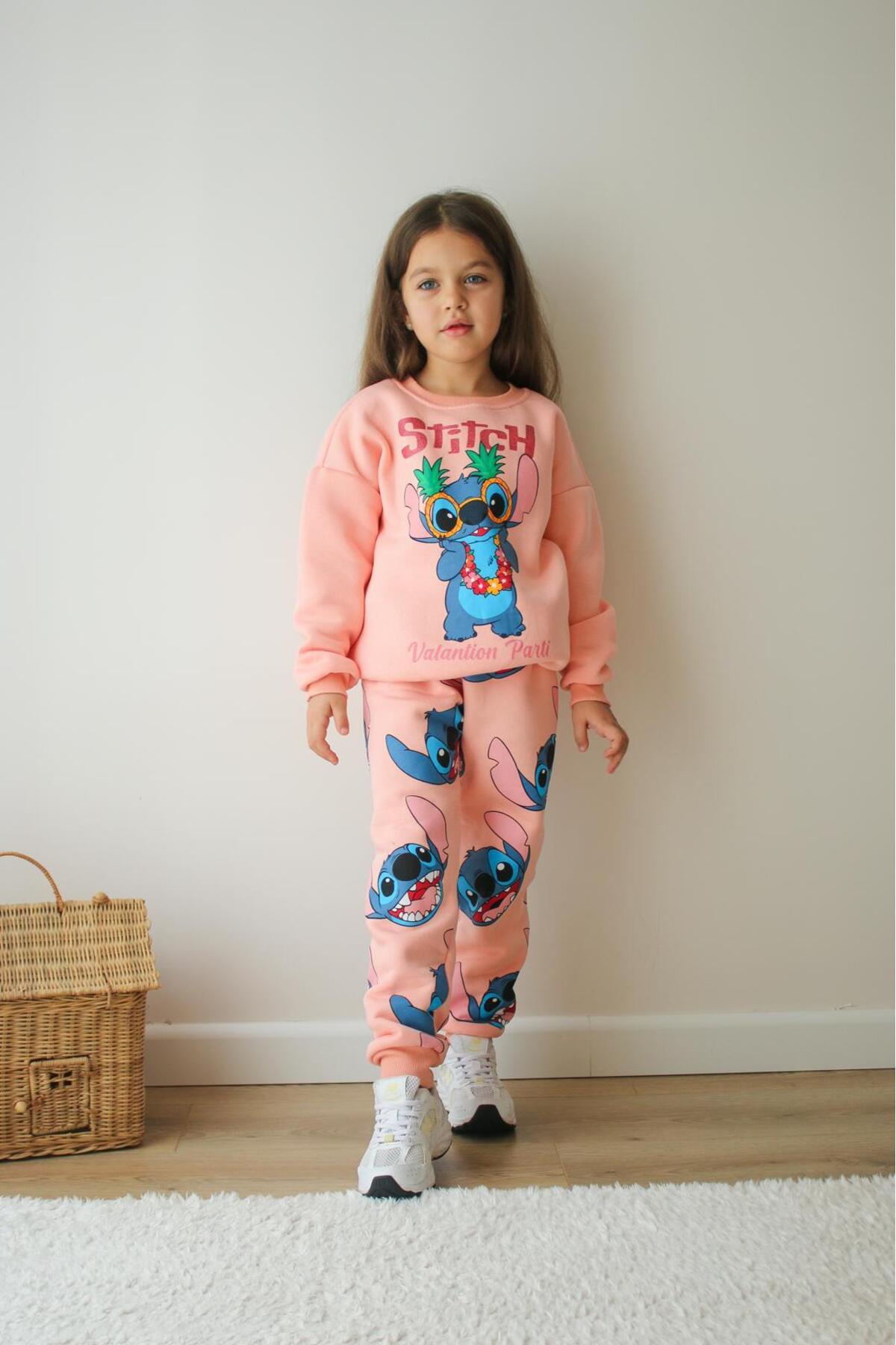 Kız Çocuk Stitch Baskılı Pembe Eşofman Takımı Alt Üst Takım