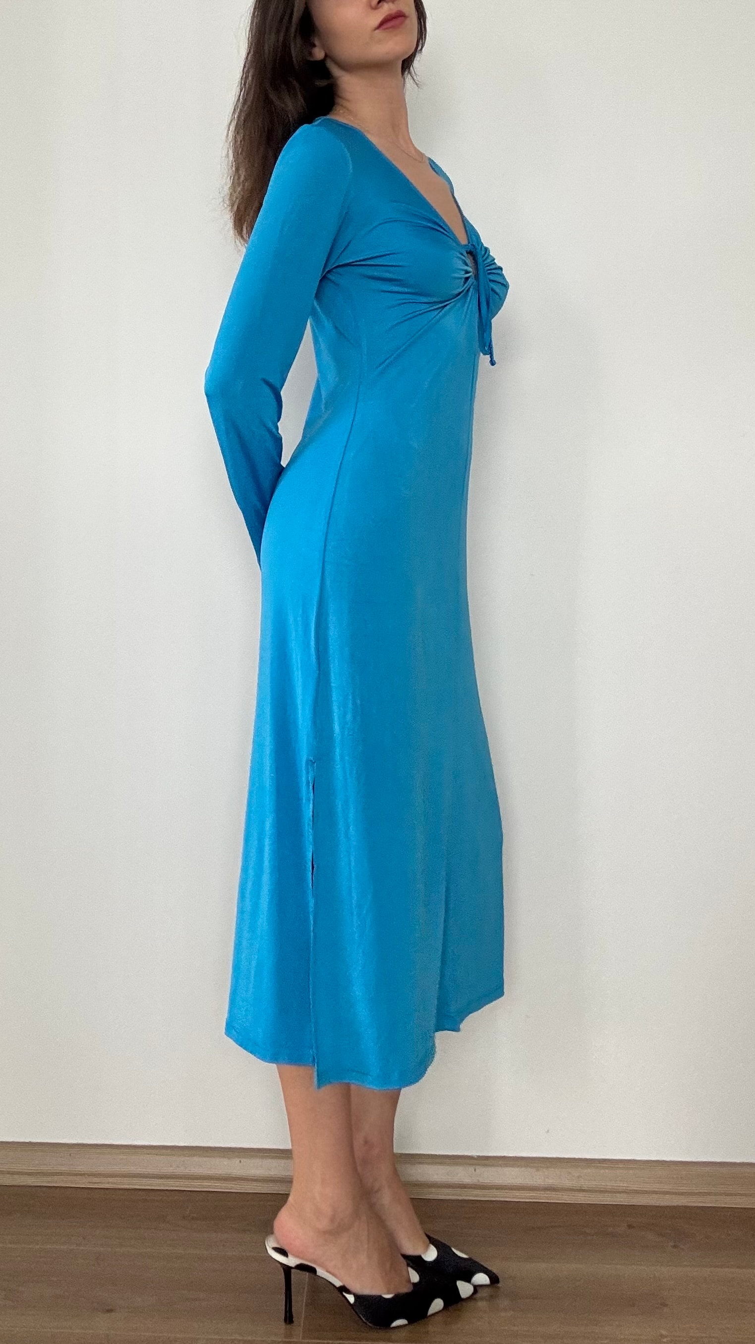 Turkuaz Bağlama Detaylı Midi Elbise 