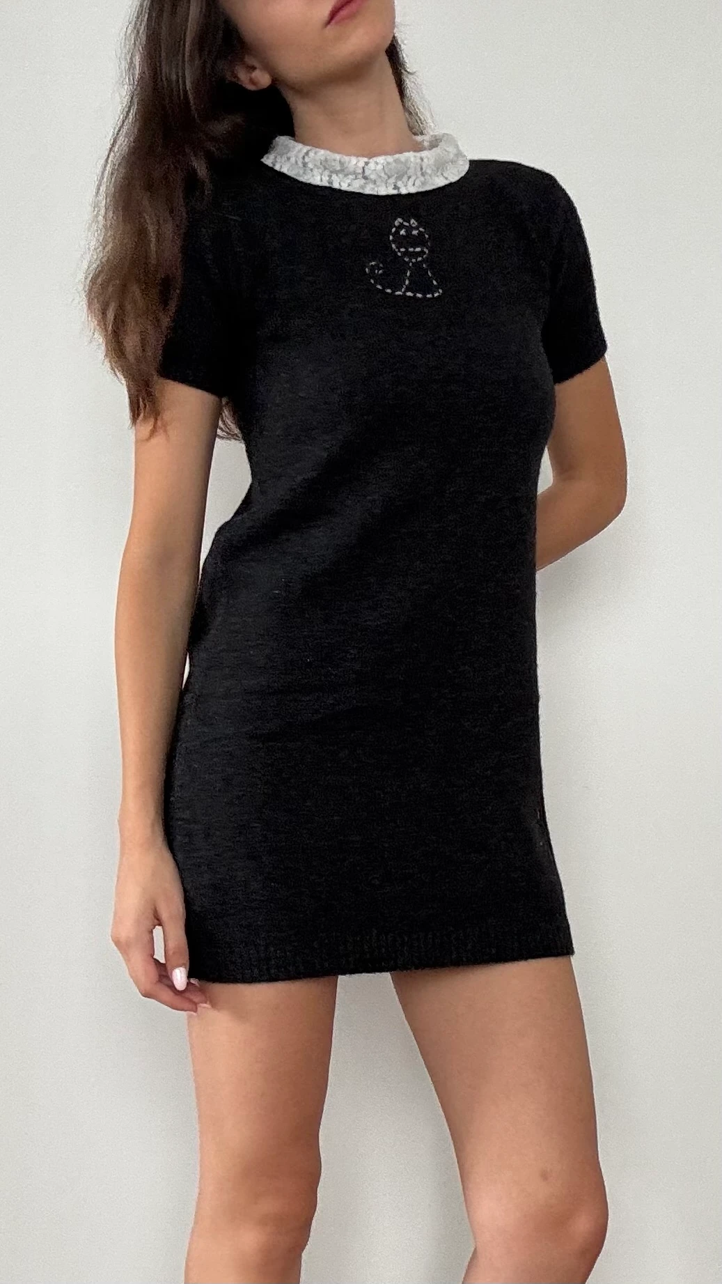 Dantel Yaka Triko Mini Elbise 