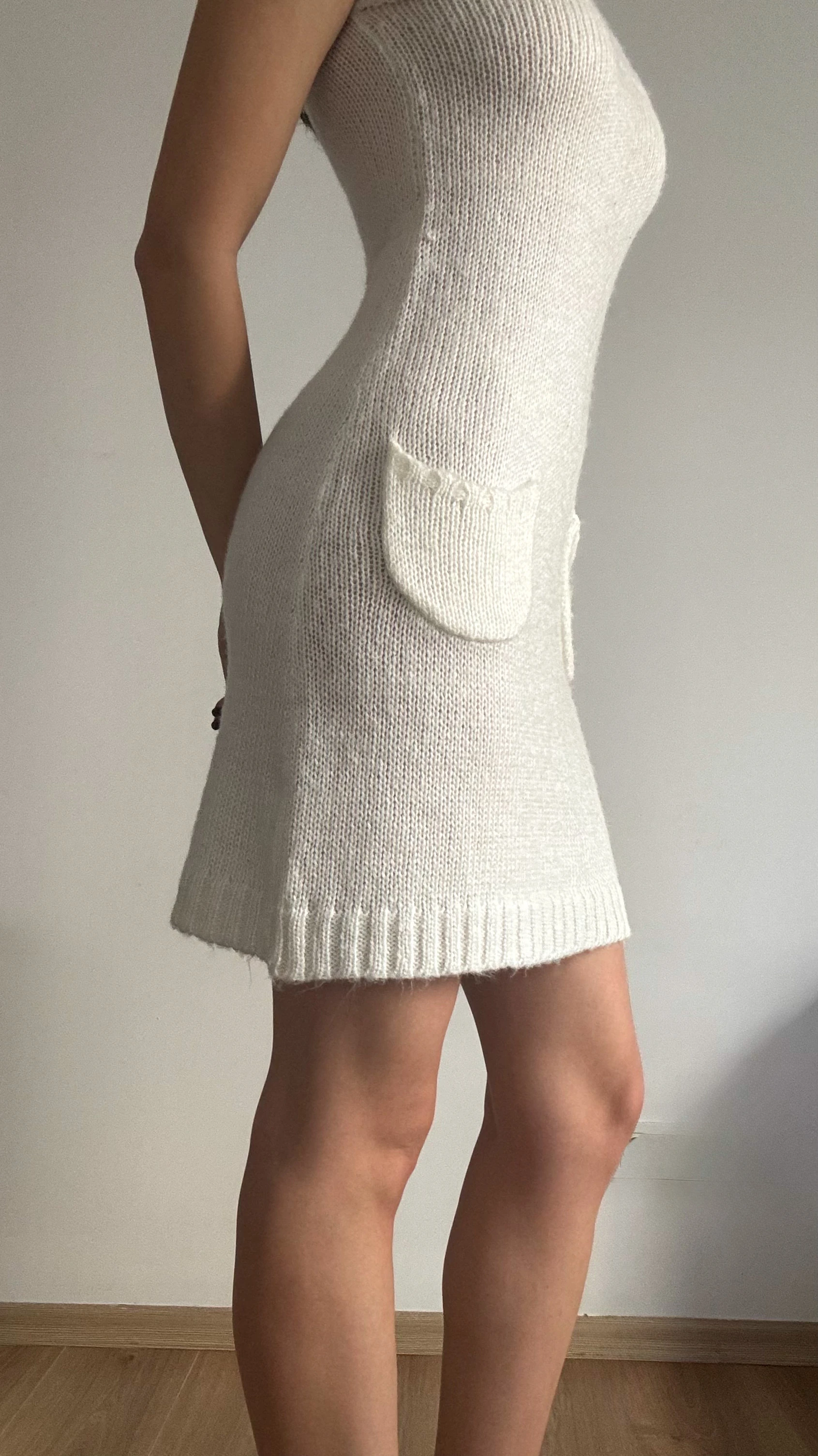 Krem Triko Mini Elbise 