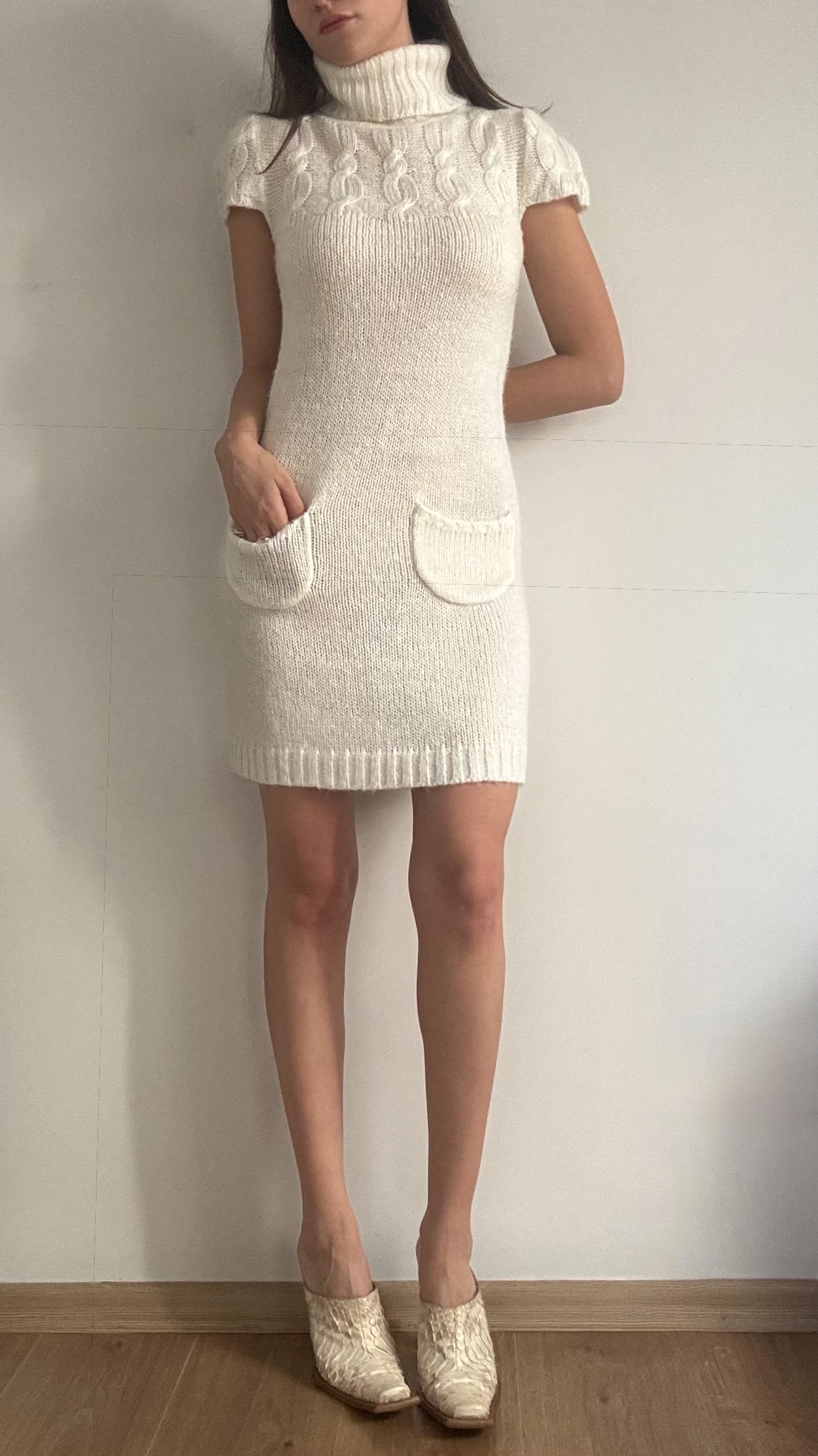 Krem Triko Mini Elbise 