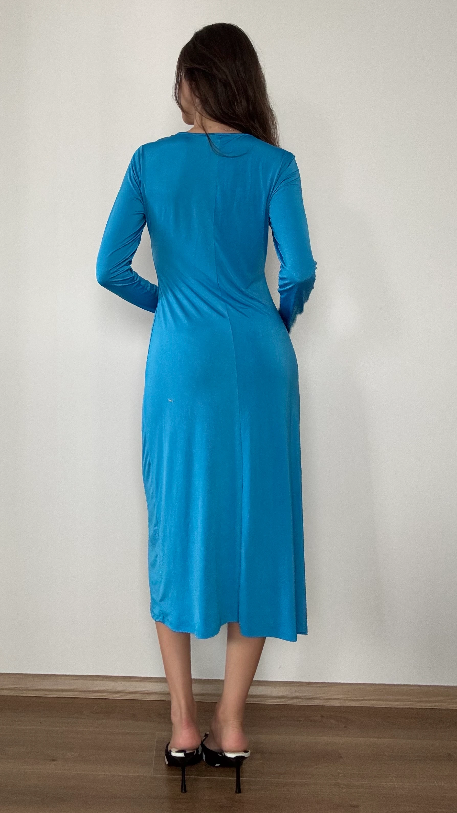 Turkuaz Bağlama Detaylı Midi Elbise 