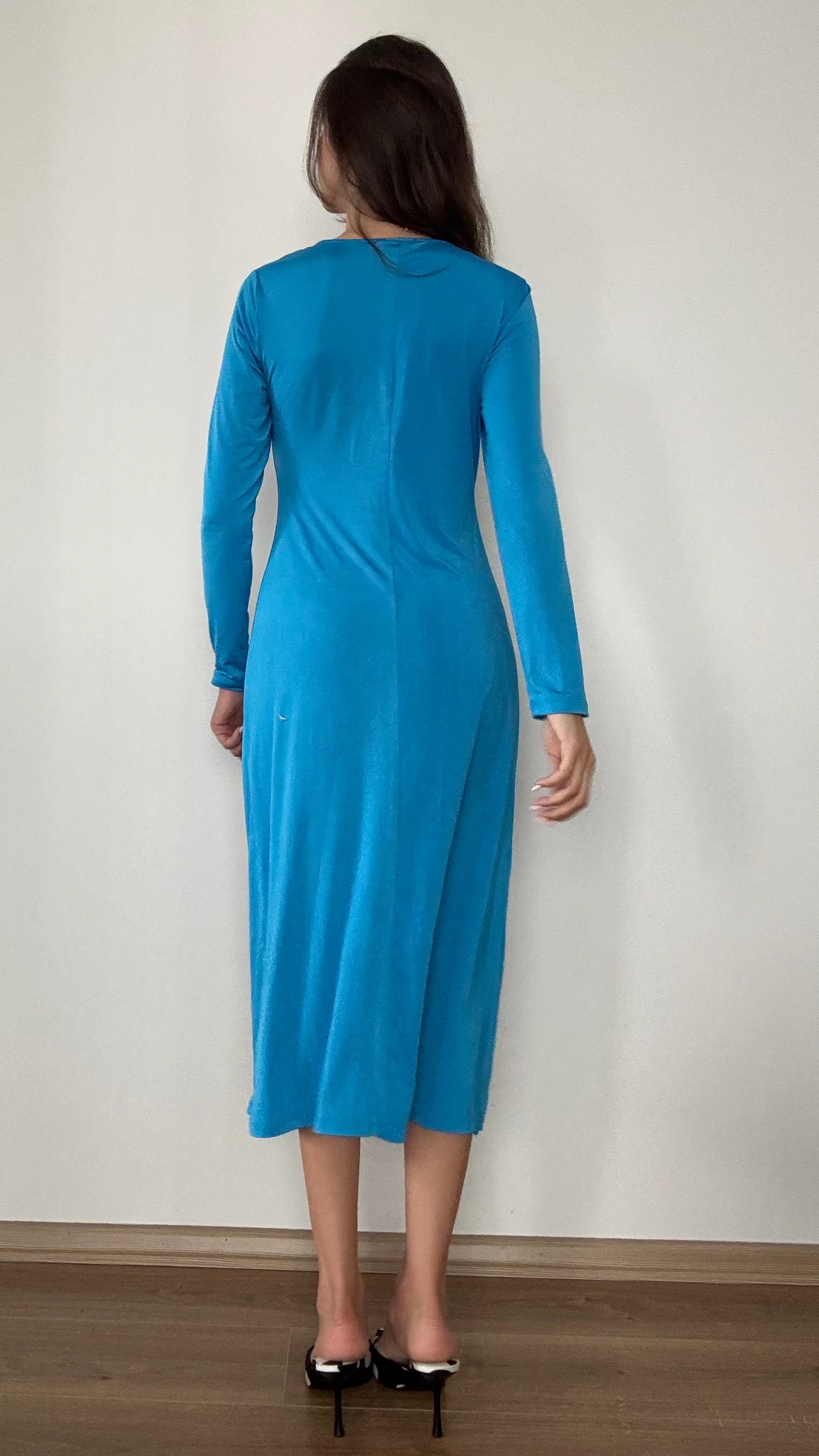 Turkuaz Bağlama Detaylı Midi Elbise 