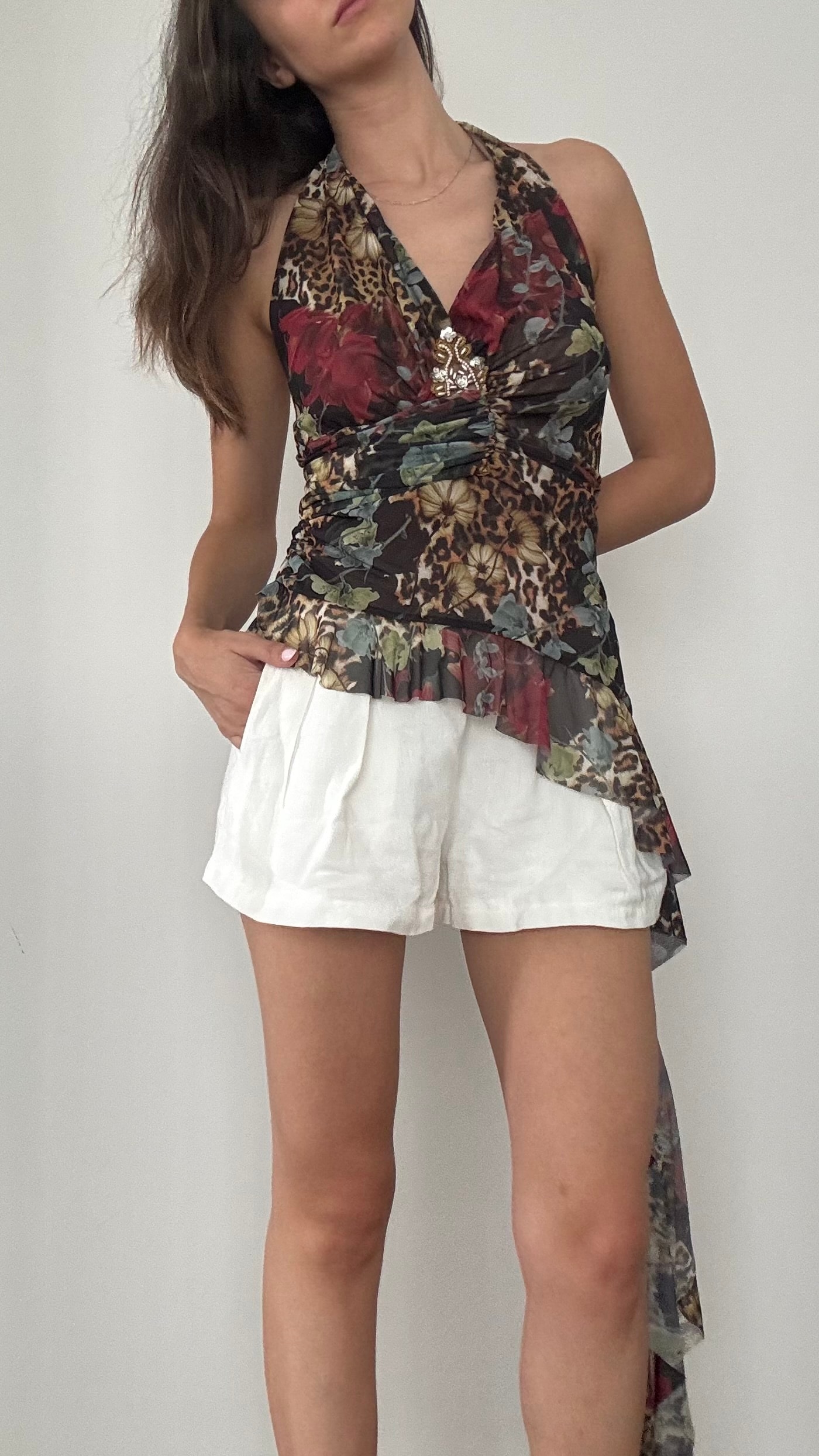 Çiçek Desenli Şifon Halter Bluz 