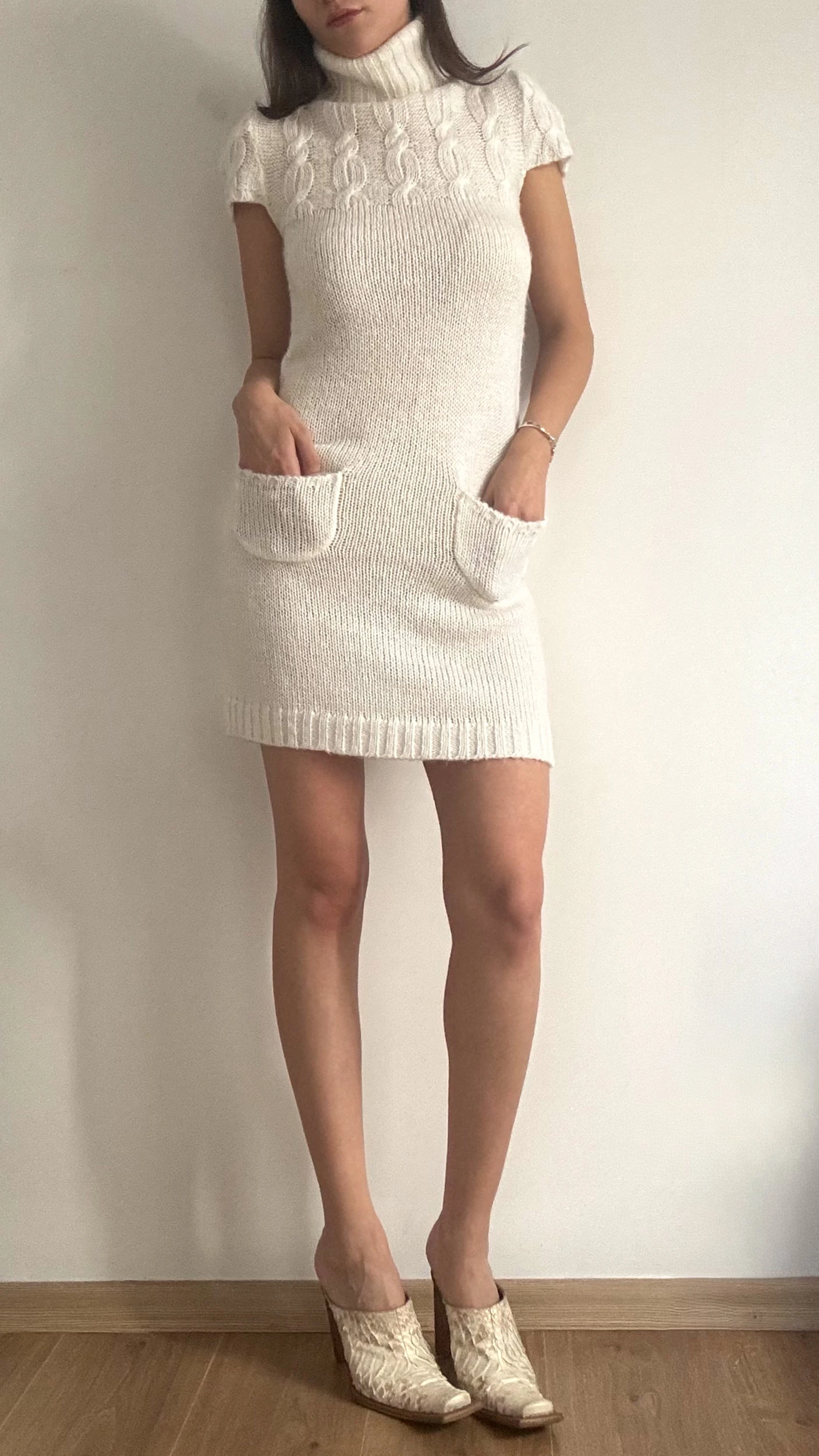 Krem Triko Mini Elbise 