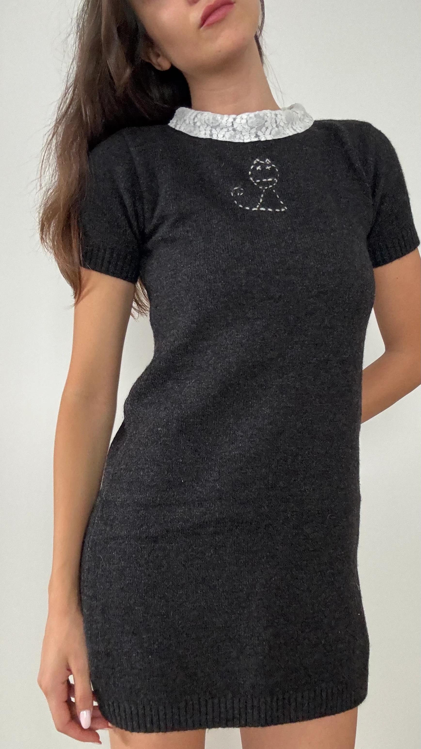 Dantel Yaka Triko Mini Elbise 