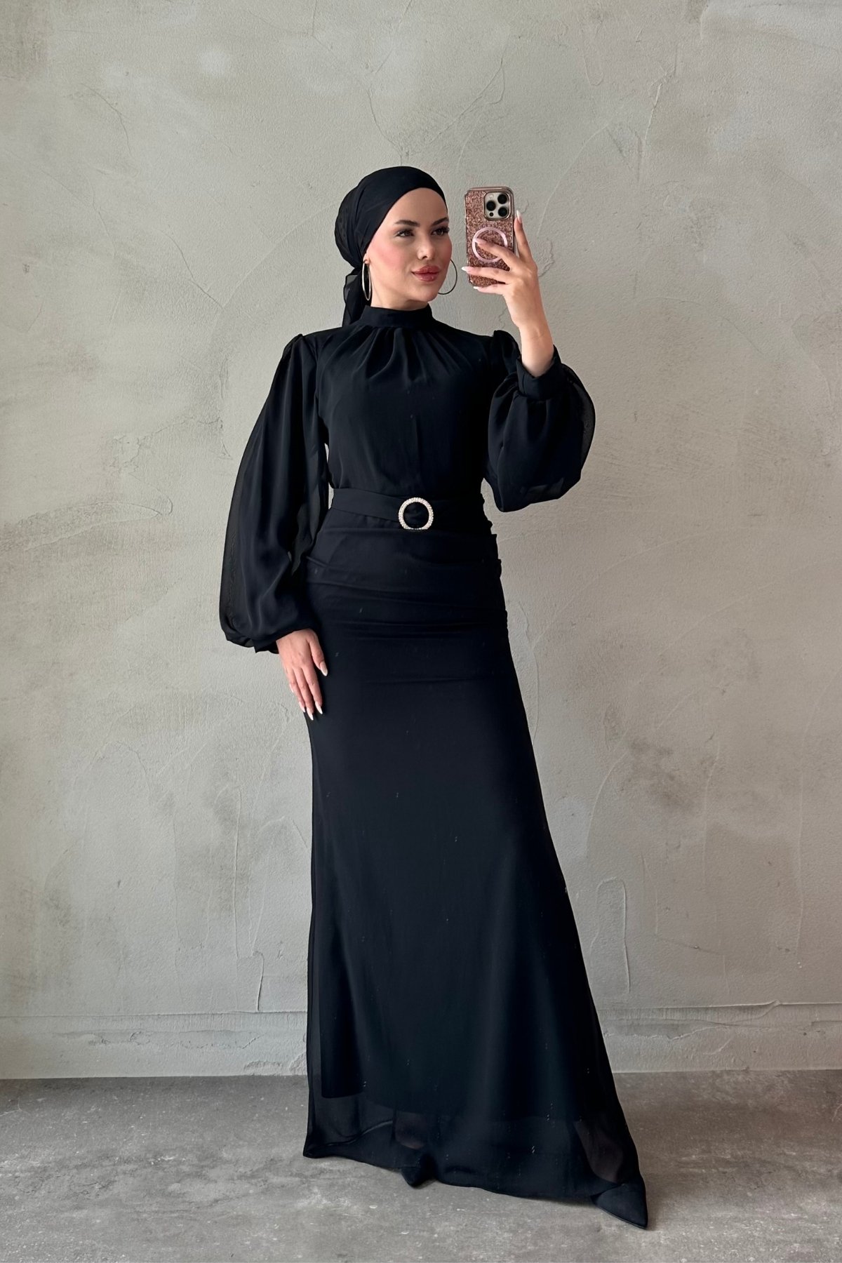 Kolları Tül Detaylı Kemerli Tesettür Belık Elbise