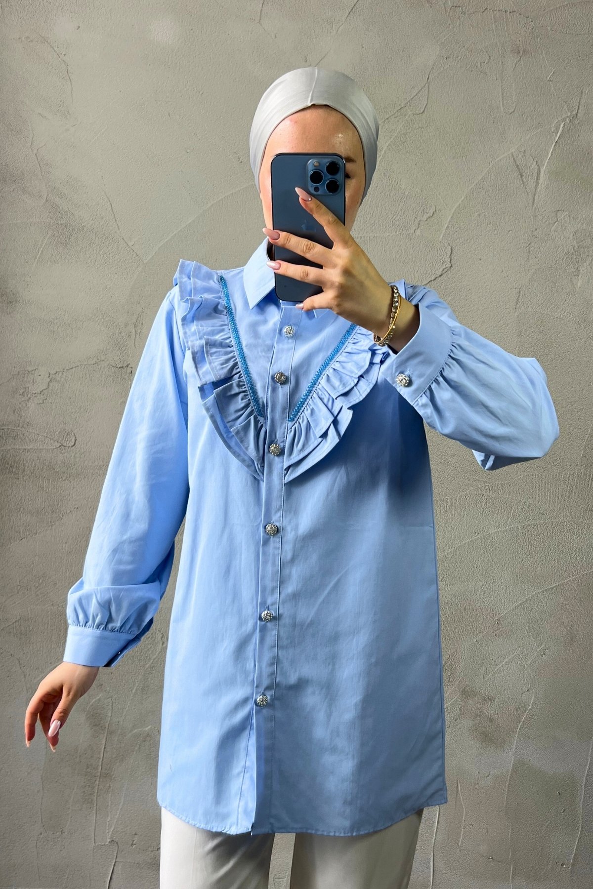 Fırfır Detaylı Taşlı Poplin Gömlek - Bebe Mavisi