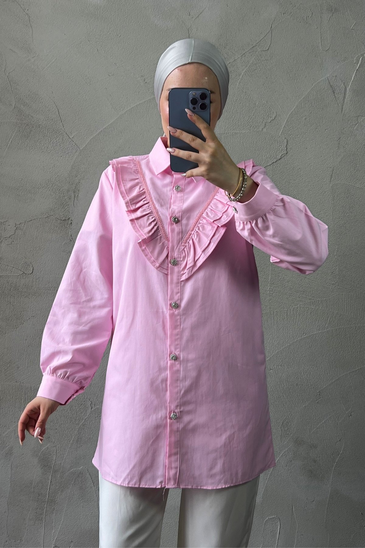 Fırfır Detaylı Taşlı Poplin Gömlek - Pembe