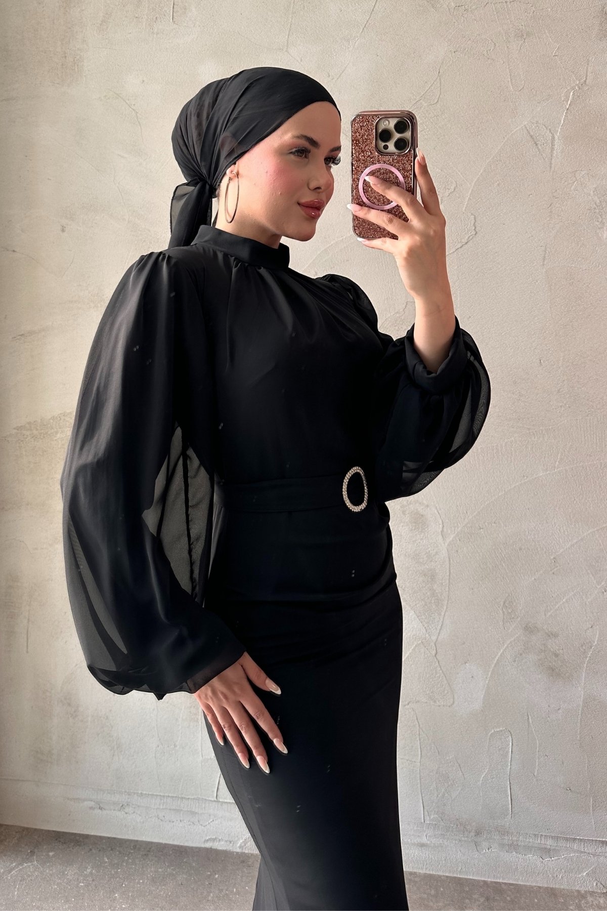 Kolları Tül Detaylı Kemerli Tesettür Belık Elbise