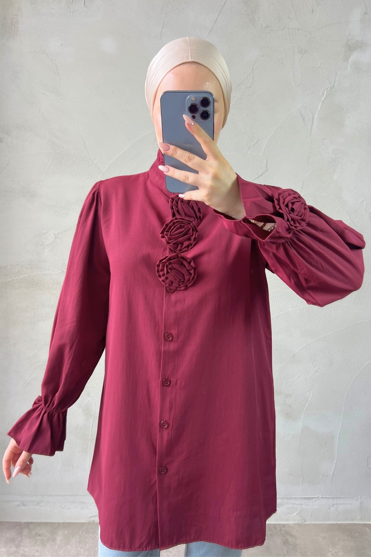 Shirt with Rose Embroidery on Sleeves and Front