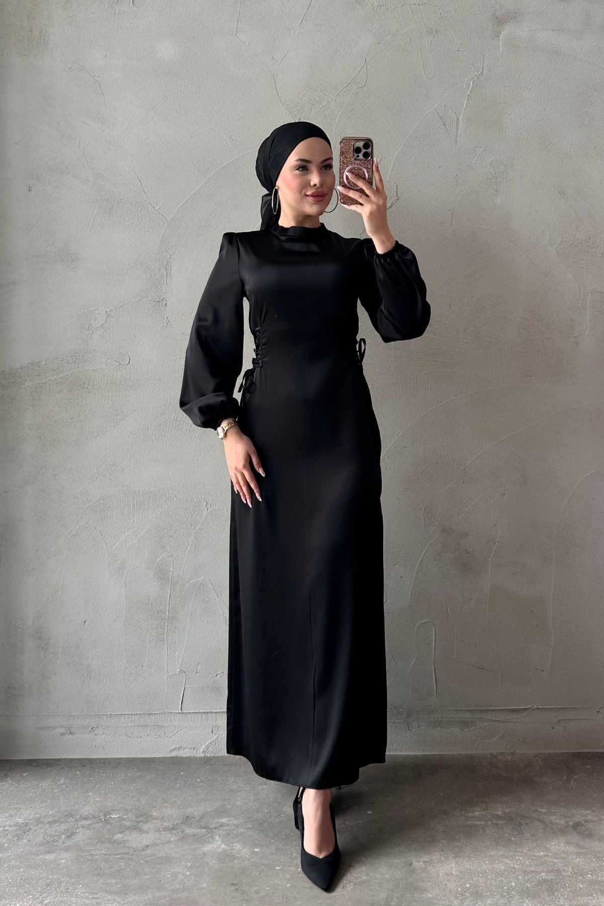 Yandan İpli Saten Tesettür Elbise - Siyah