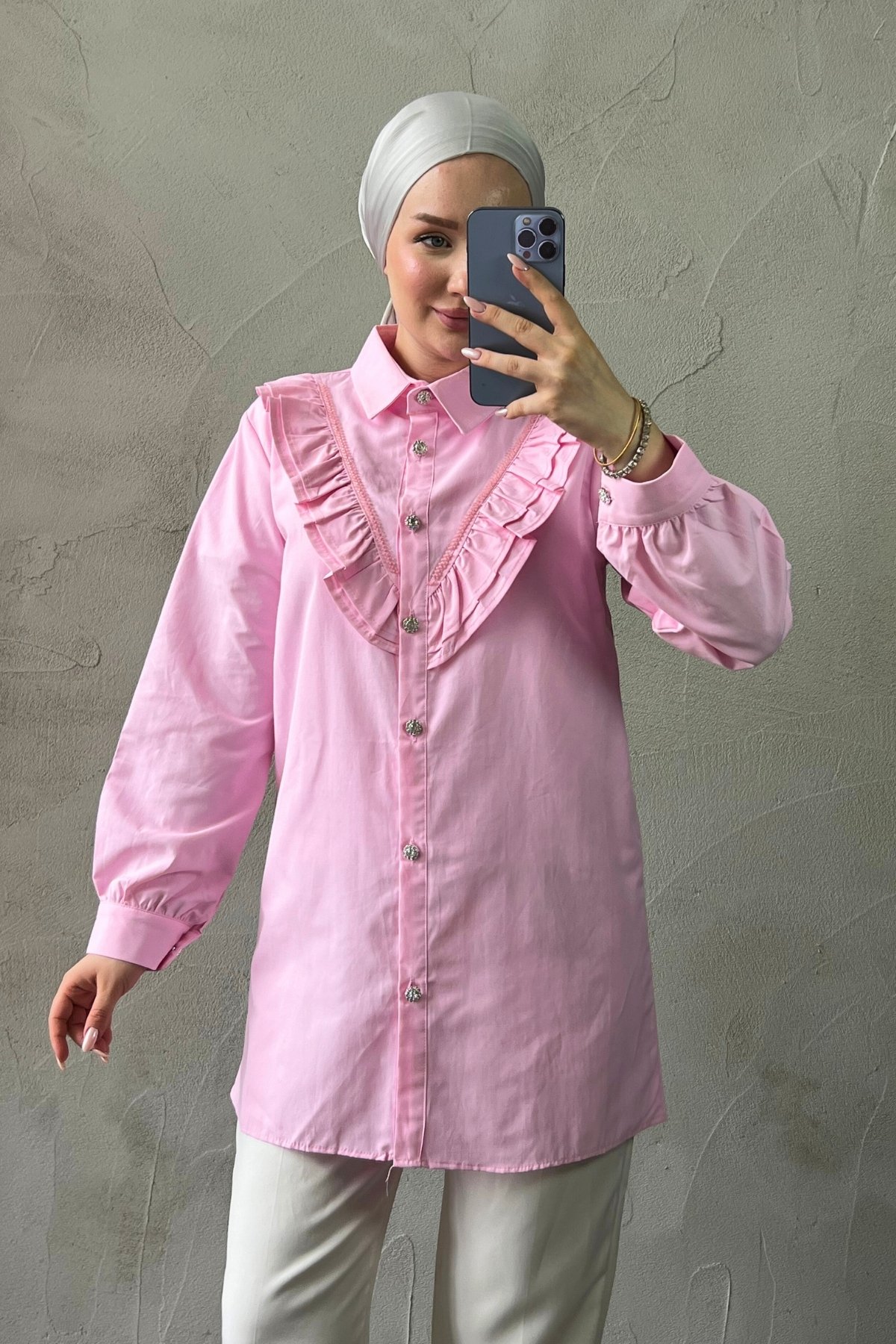 Fırfır Detaylı Taşlı Poplin Gömlek