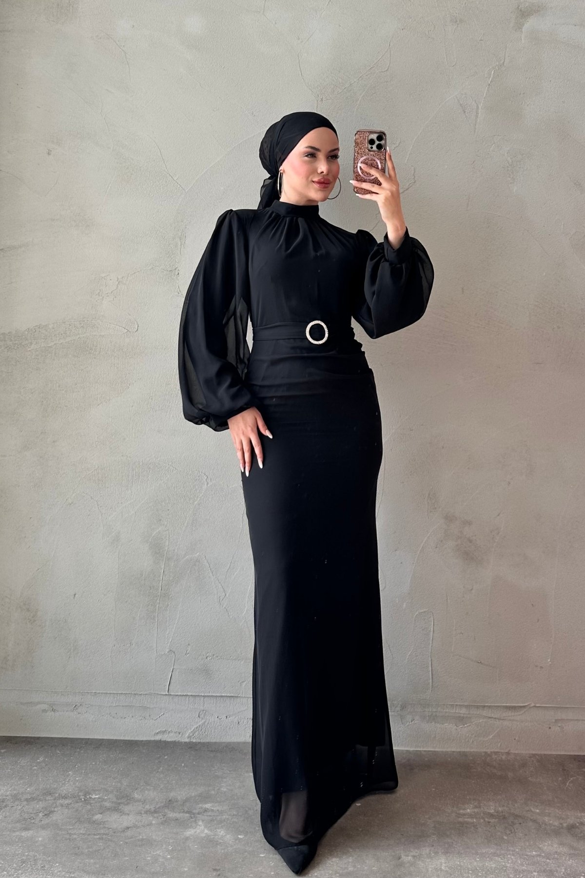 Kolları Tül Detaylı Kemerli Tesettür Belık Elbise