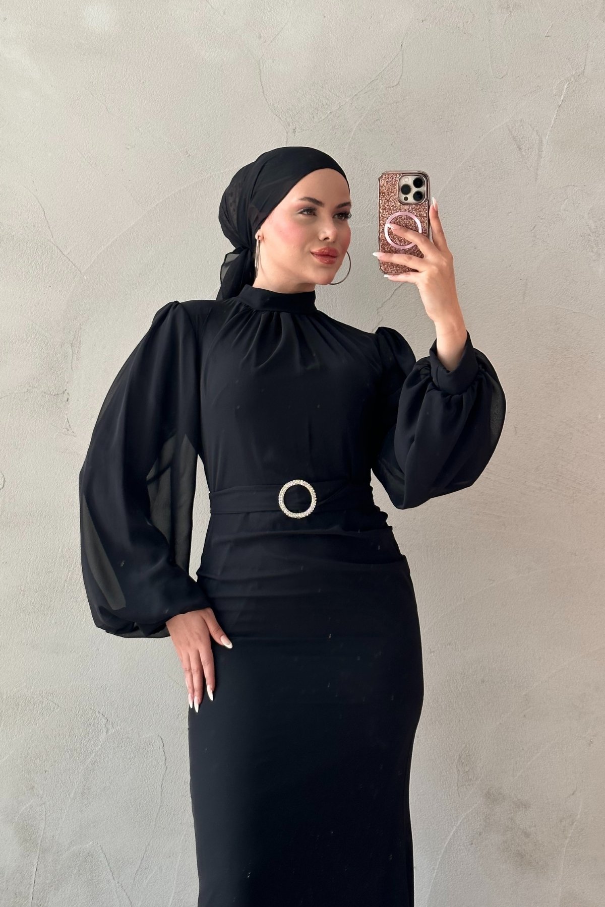 Kolları Tül Detaylı Kemerli Tesettür Belık Elbise