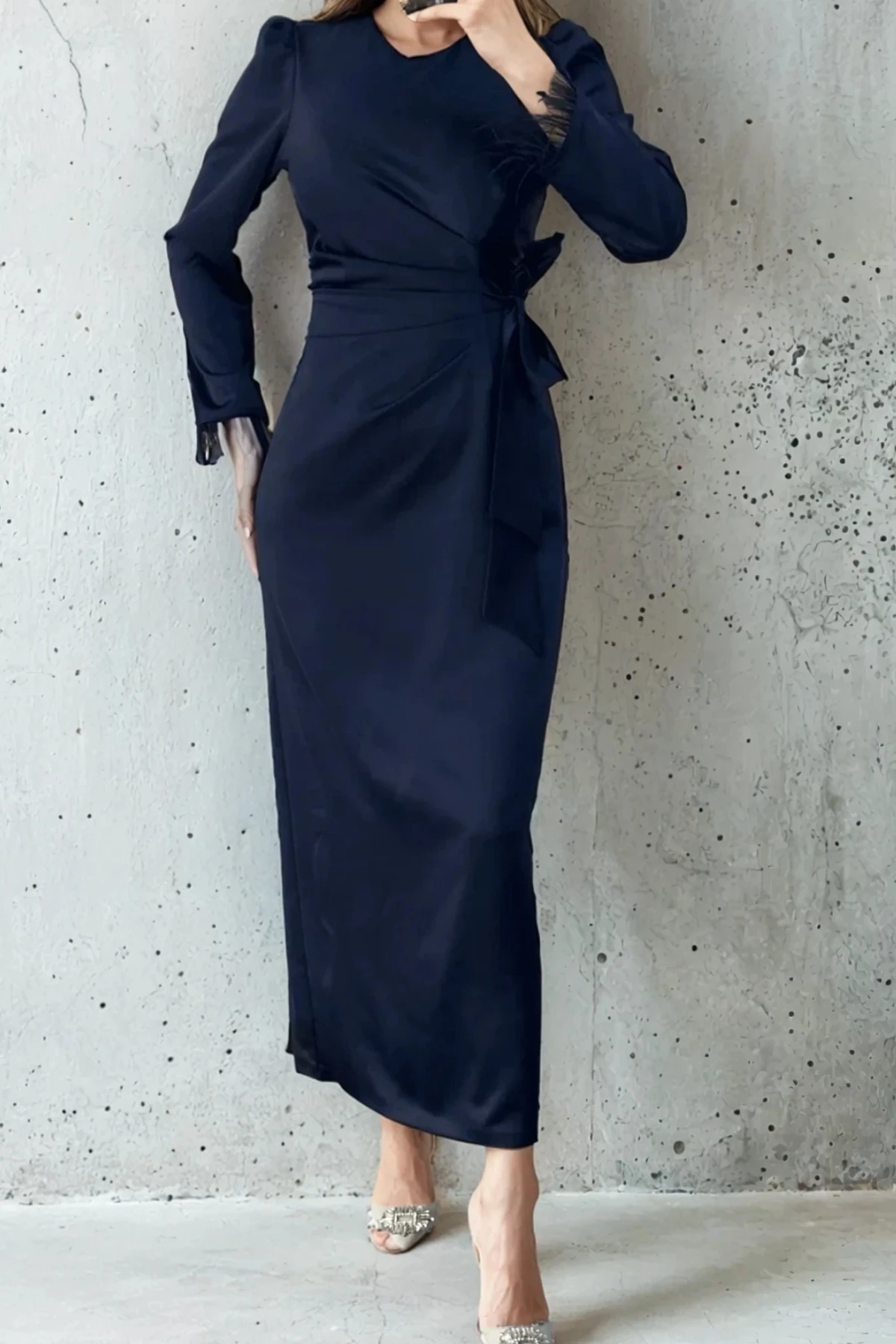 Satin Modest Dress with Feather Sleeve Detail