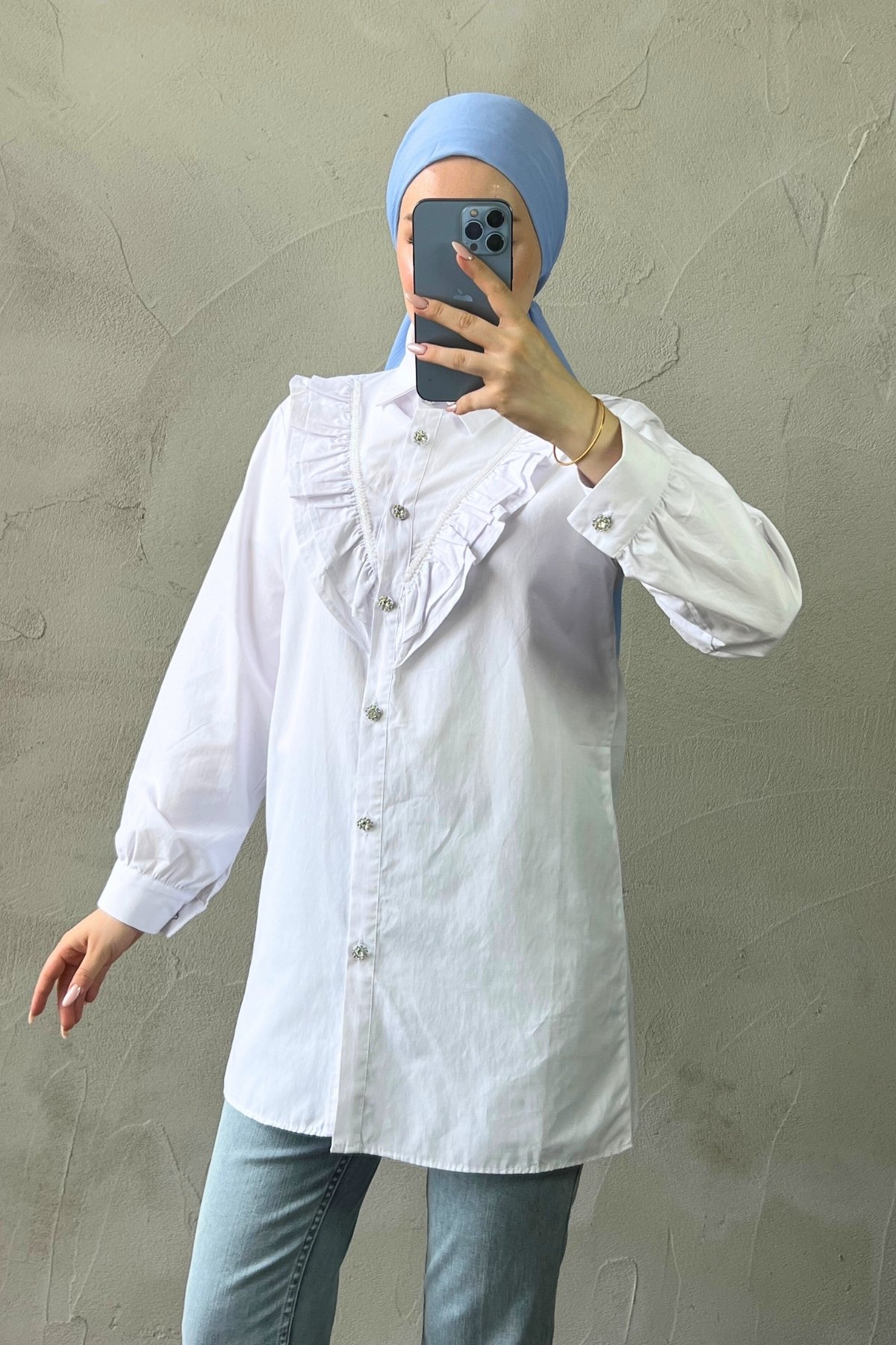 Fırfır Detaylı Taşlı Poplin Gömlek - Beyaz