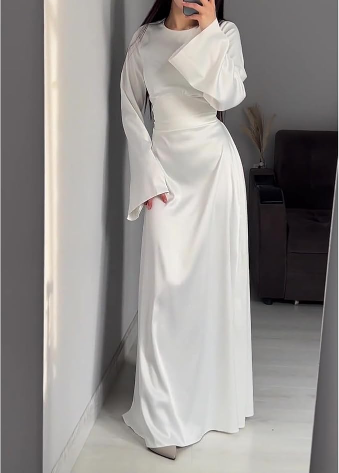 Modest Evening Gown with Back Tie Detail - White