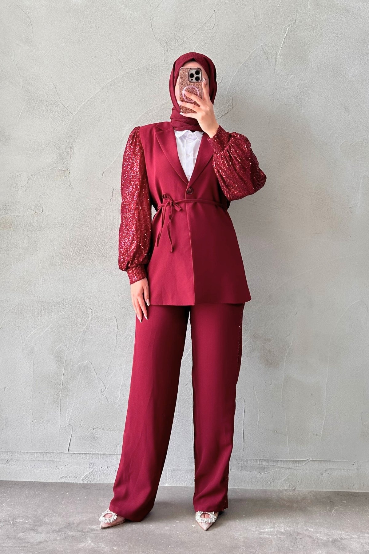 Kolları Pul Payet Detaylı Takım - Bordo