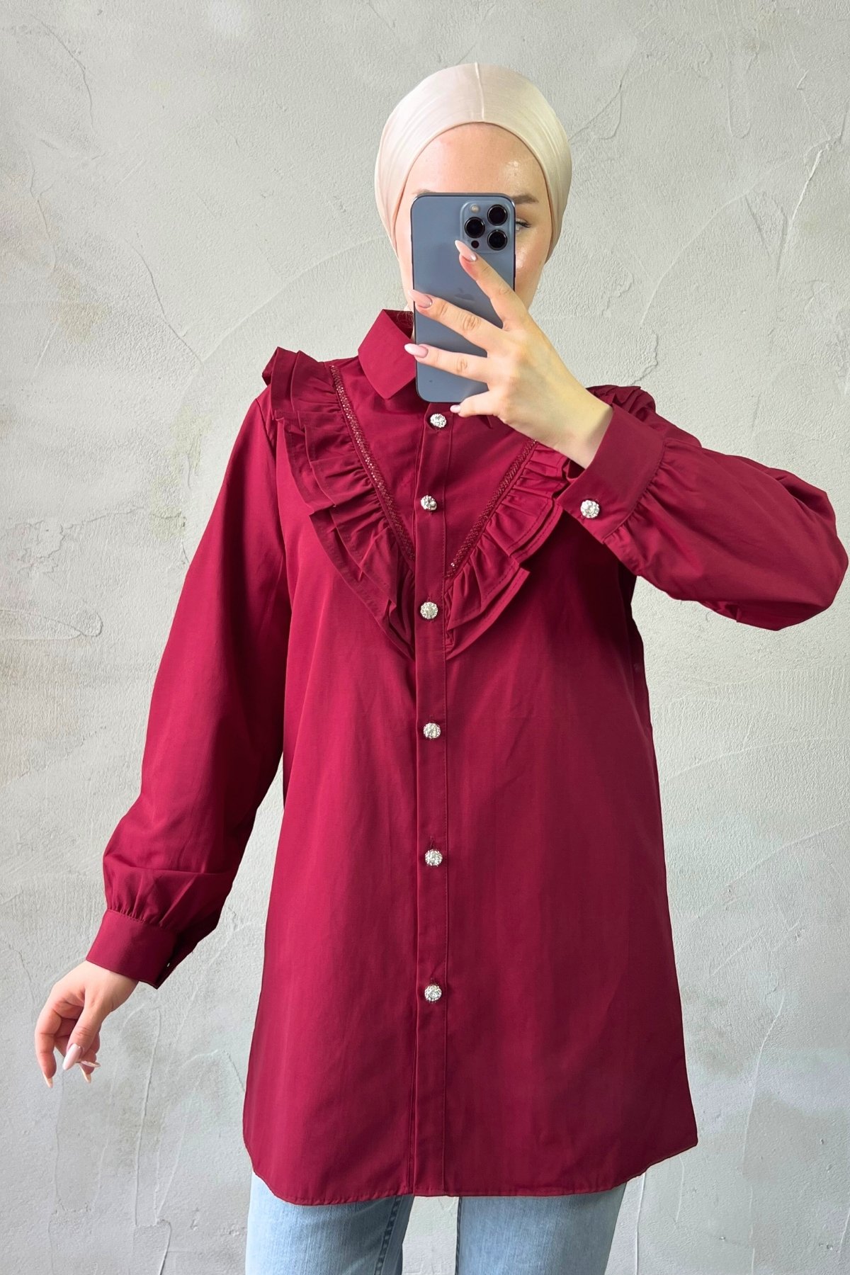 Fırfır Detaylı Taşlı Poplin Gömlek - Bordo