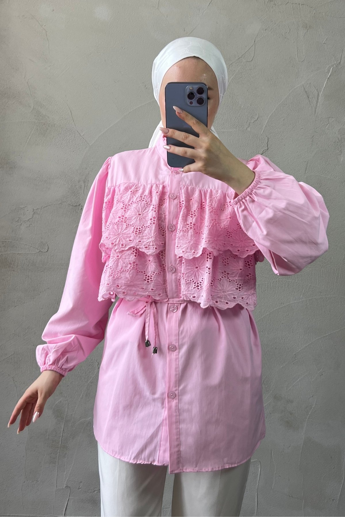 Volan Kol Dantelli Gömlek - Pembe