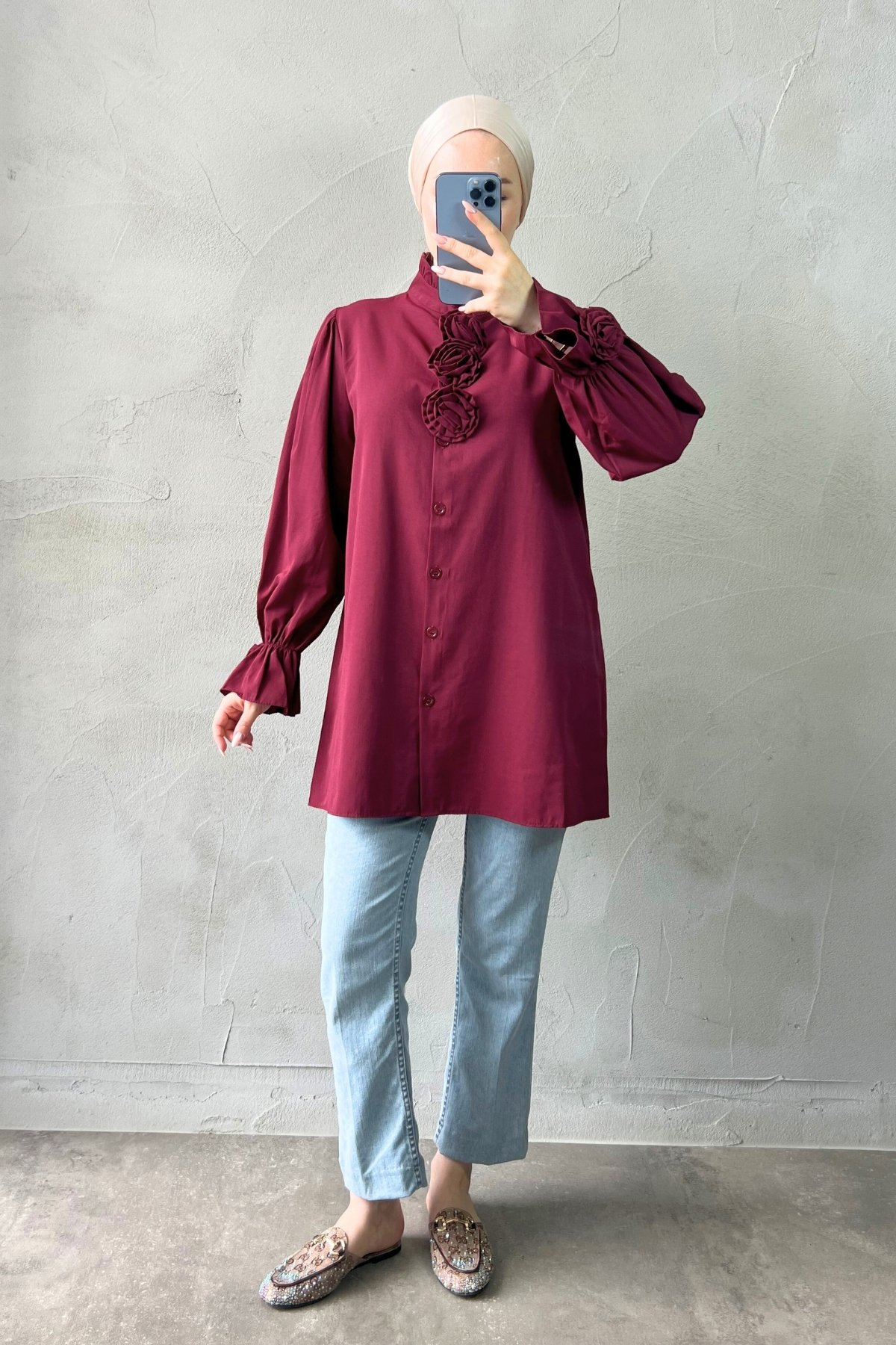 Shirt with Rose Embroidery on Sleeves and Front