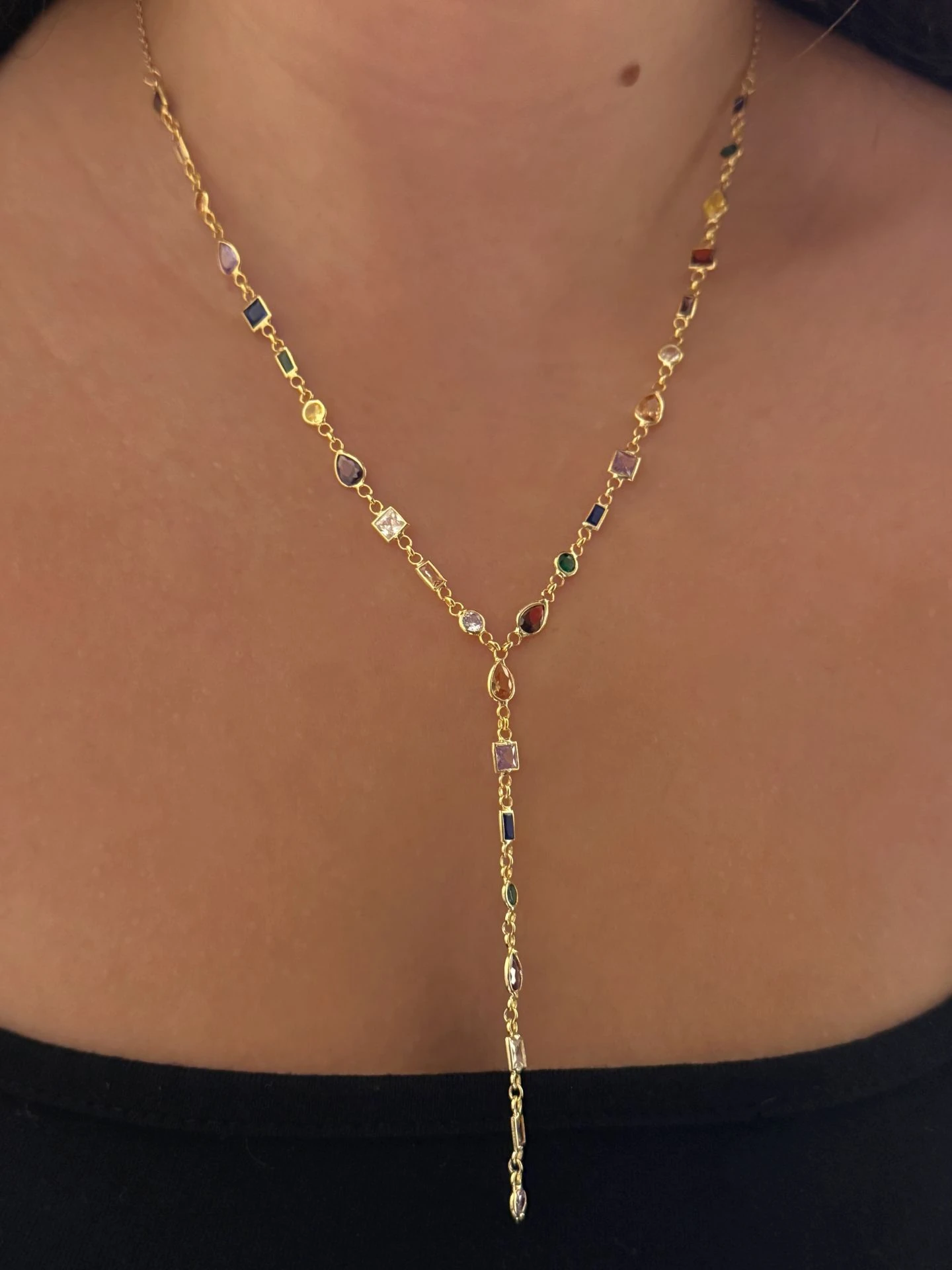 925 Gümüş | Renkli Asimetrik Taşlı Y Zincir Kolye