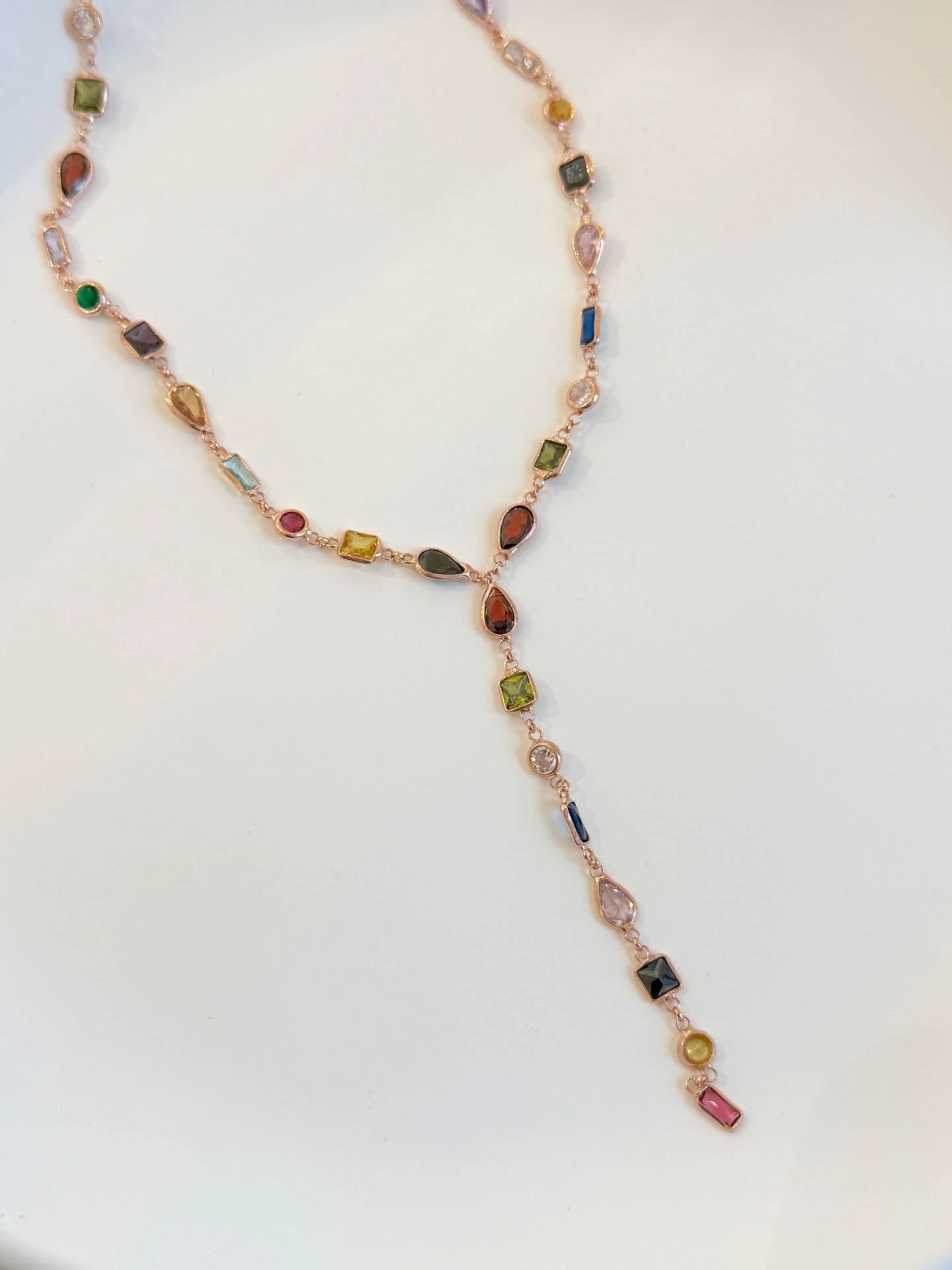 925 Gümüş | Renkli Asimetrik Taşlı Y Zincir Kolye